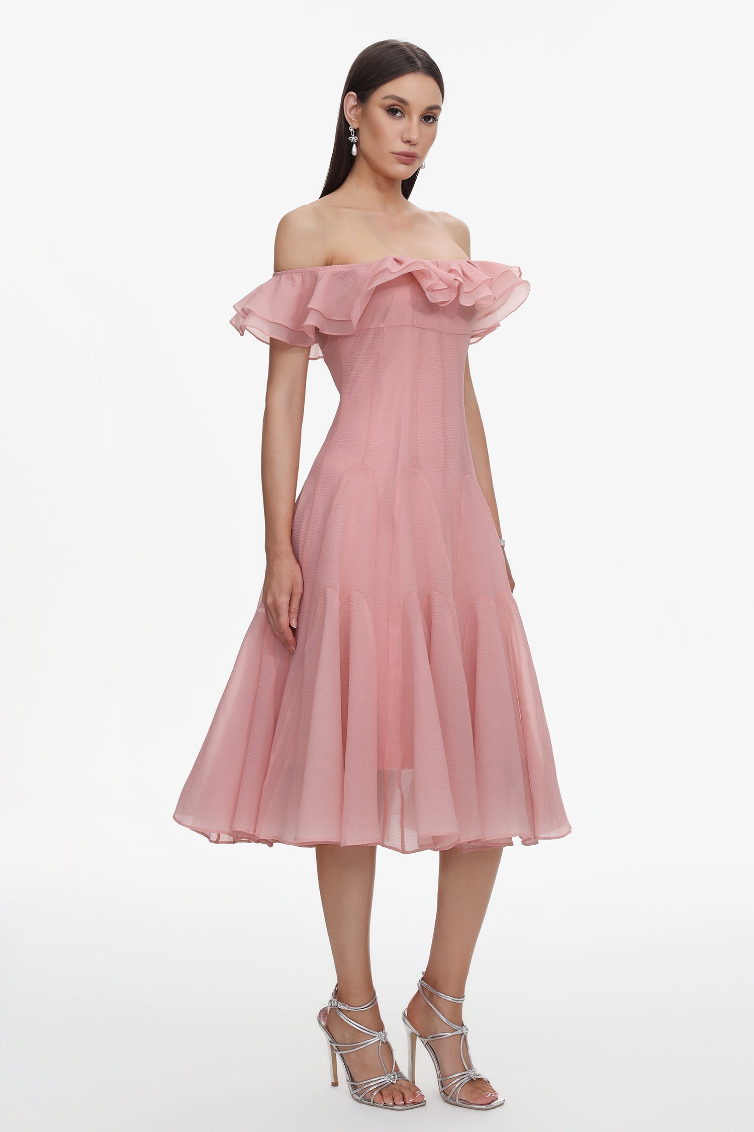 Wika Romantic Flowy Off Shoulder Ruffle Midi Dress D260101209