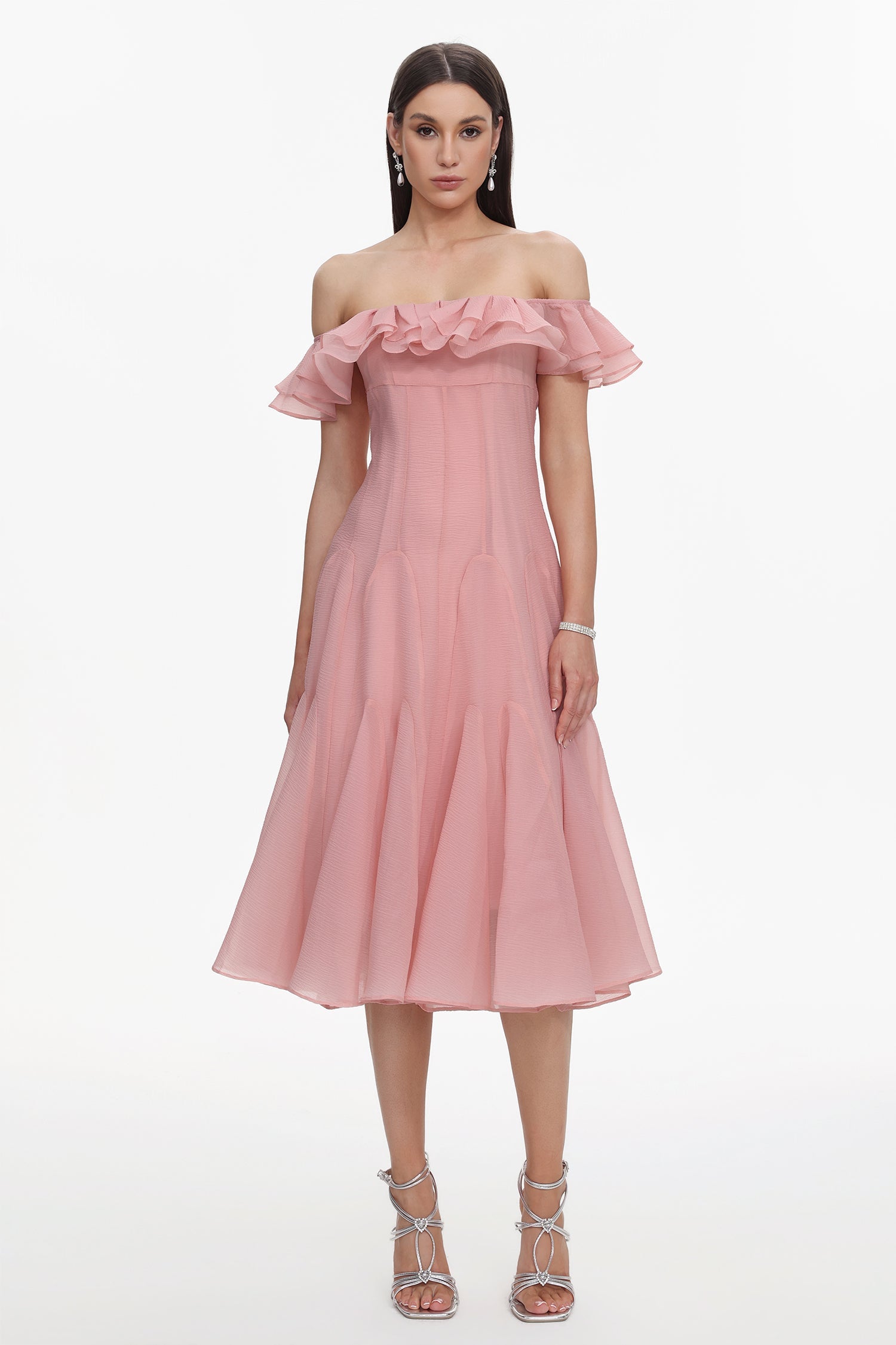 Wika Romantic Flowy Off Shoulder Ruffle Midi Dress D260101209