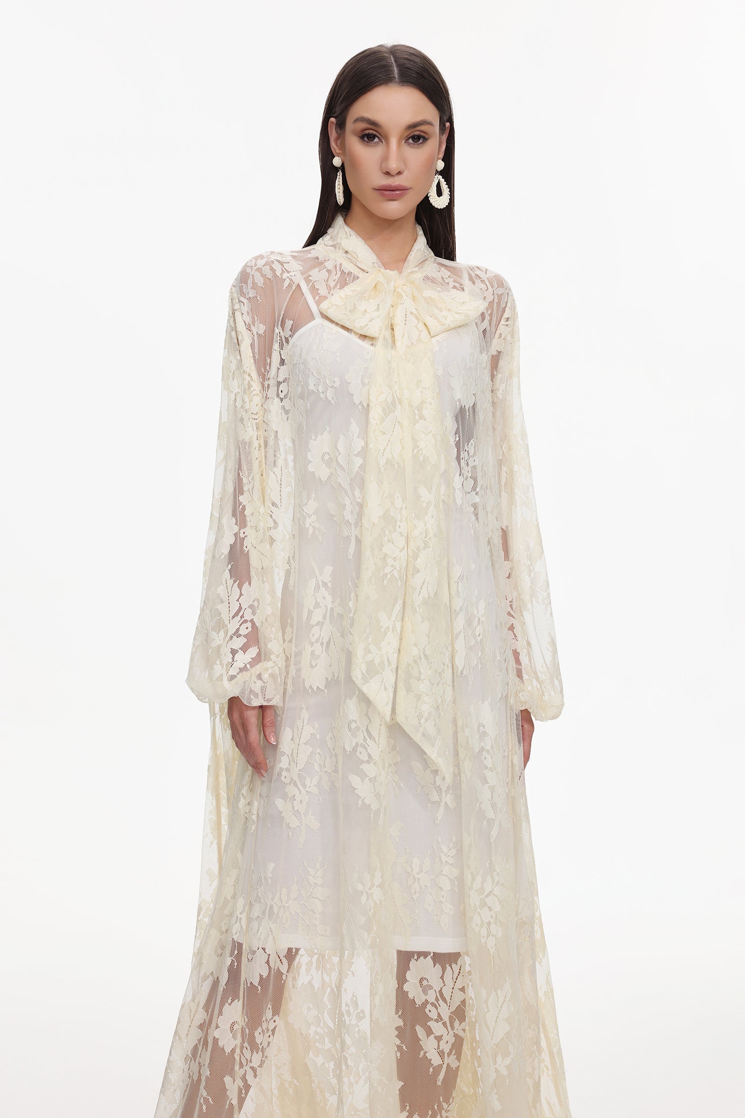 Deliyn Resort Flowy Long Sleeve Embroidered Mesh Lace Yellow Maxi Dress C251000037