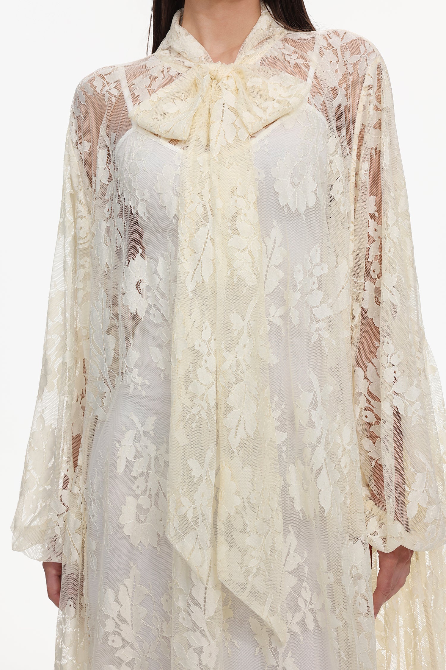 Deliyn Resort Flowy Long Sleeve Embroidered Mesh Lace Yellow Maxi Dress C251000037