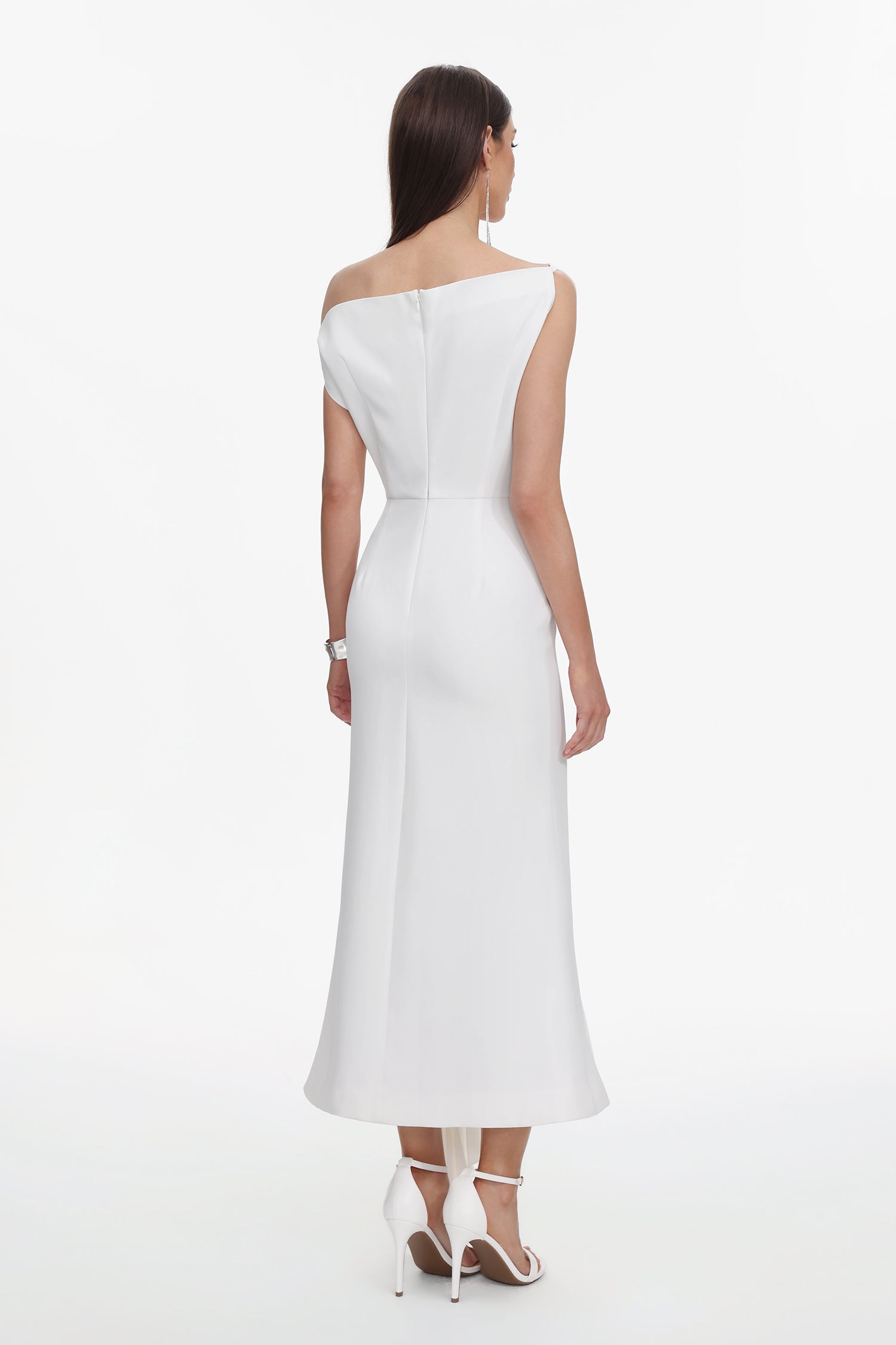 Paulina Oblique Shoulder Sleeveless Folds White Midi Dress C250300341