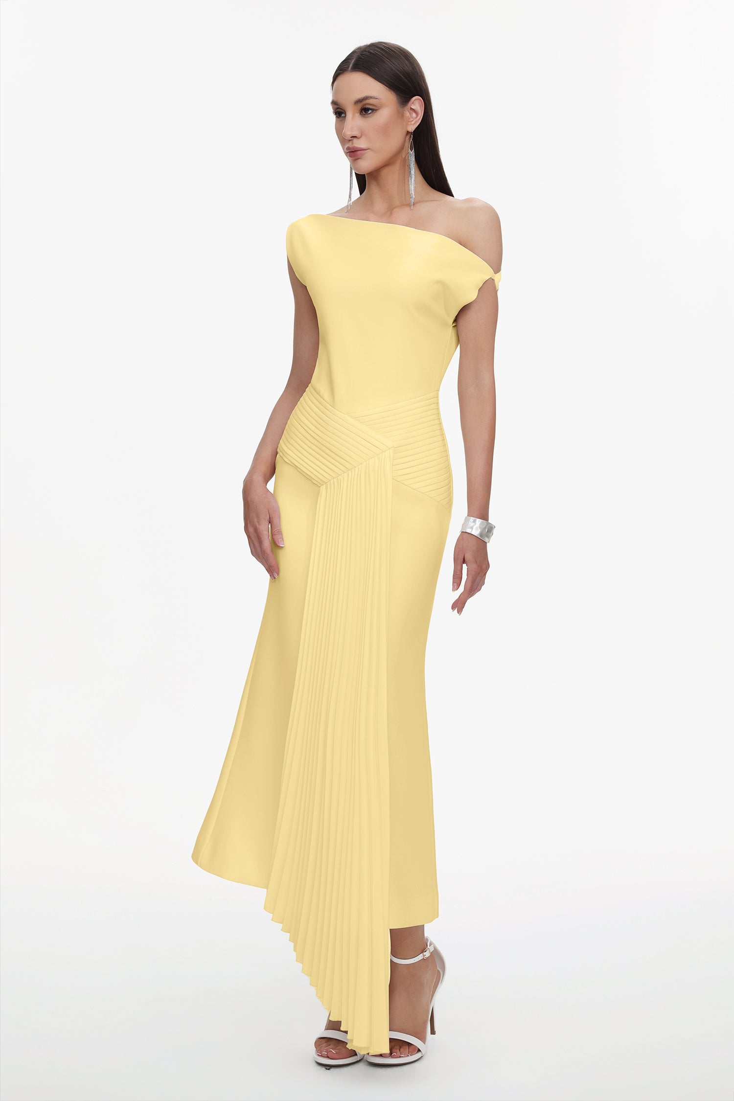 Paulina Oblique Shoulder Sleeveless Folds Yellow Midi Dress C250300341