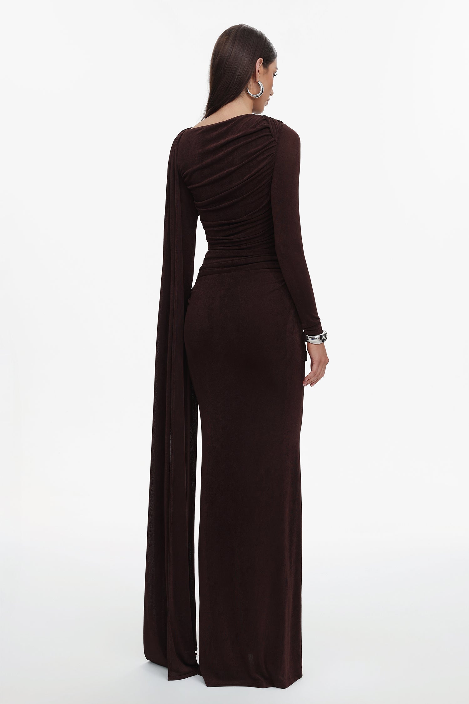 Tihila Long Sleeve Ruched Brown Maxi Dress D250901545