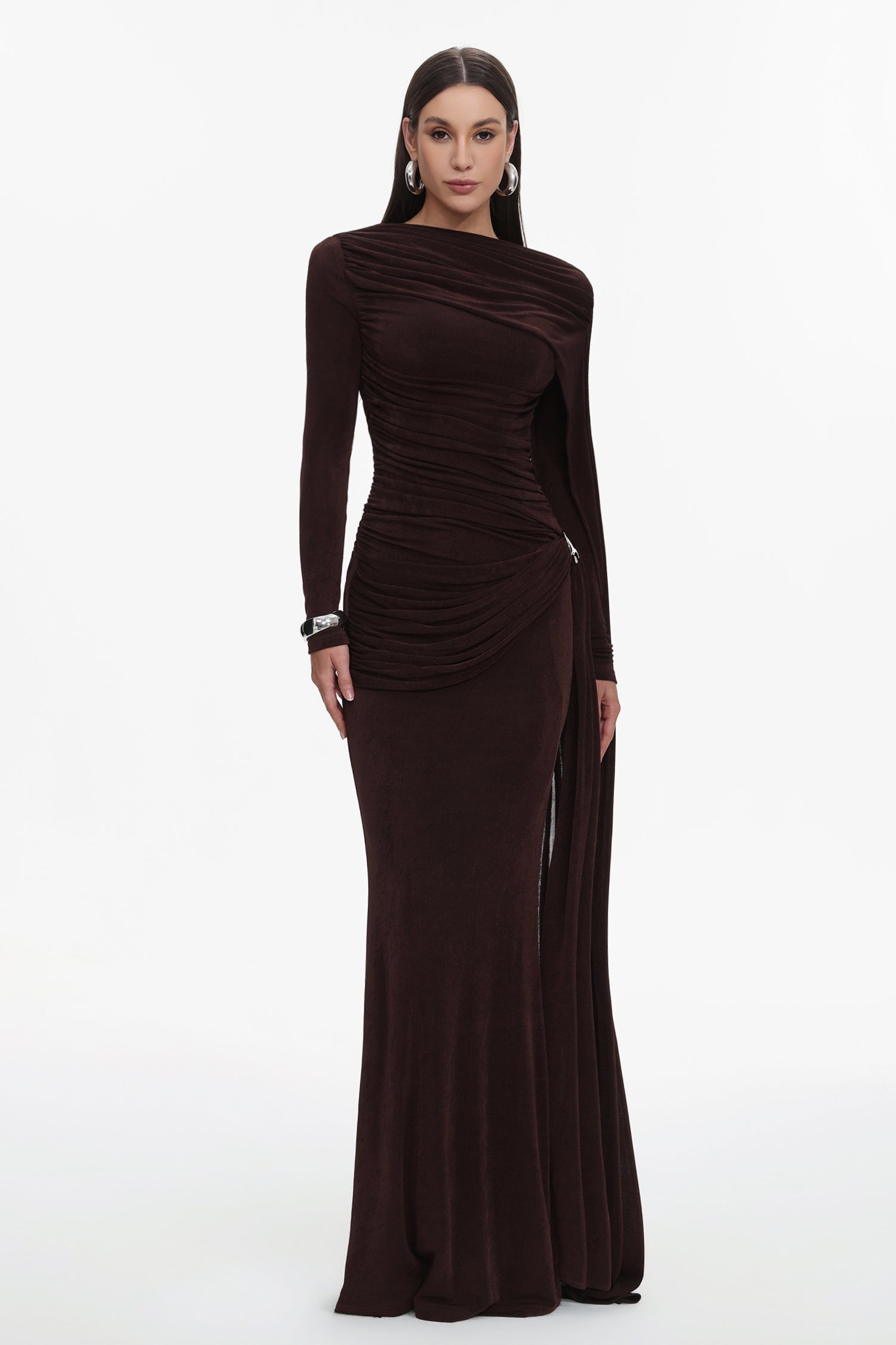 Tihila Long Sleeve Ruched Brown Maxi Dress D250901545