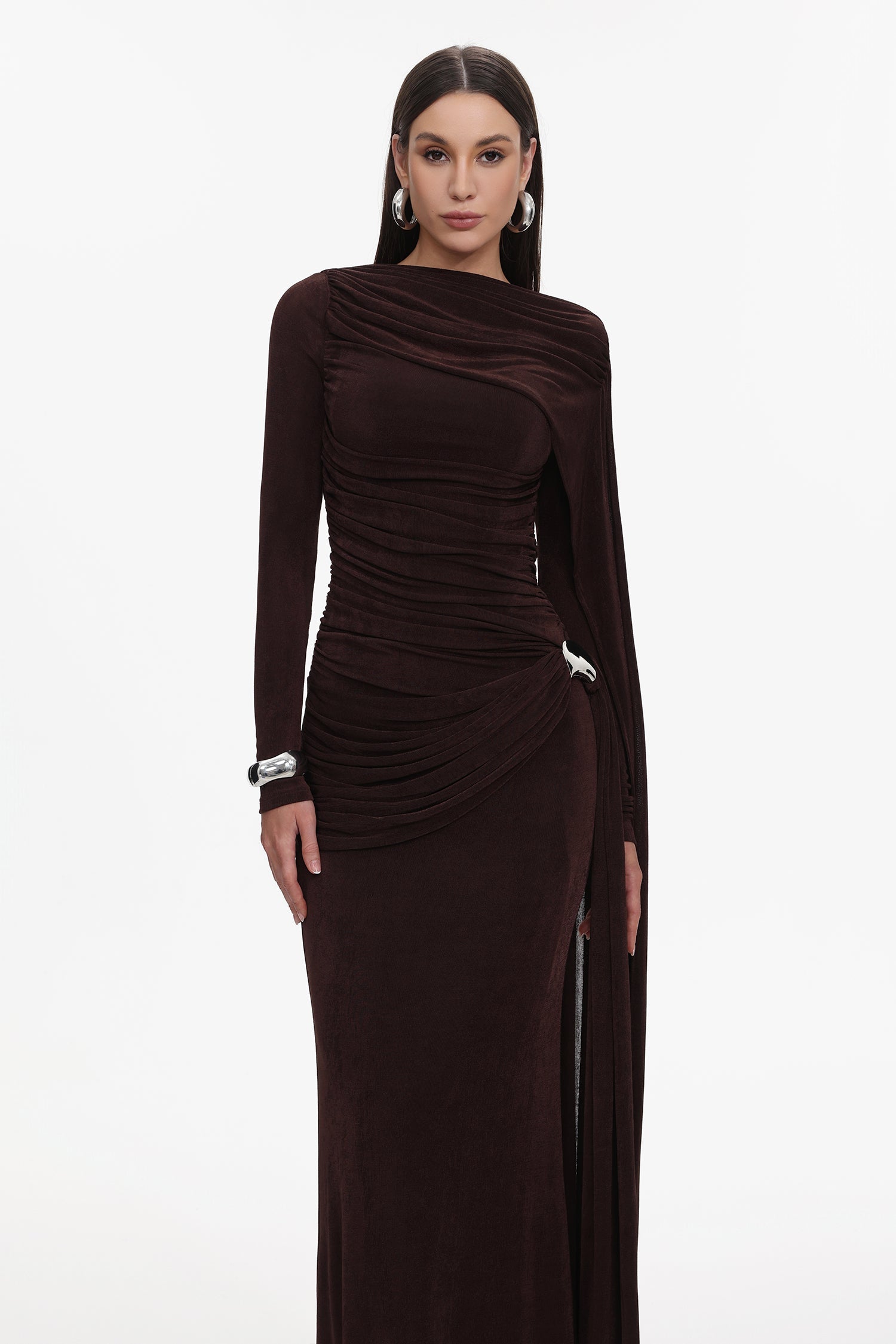 Tihila Long Sleeve Ruched Brown Maxi Dress D250901545