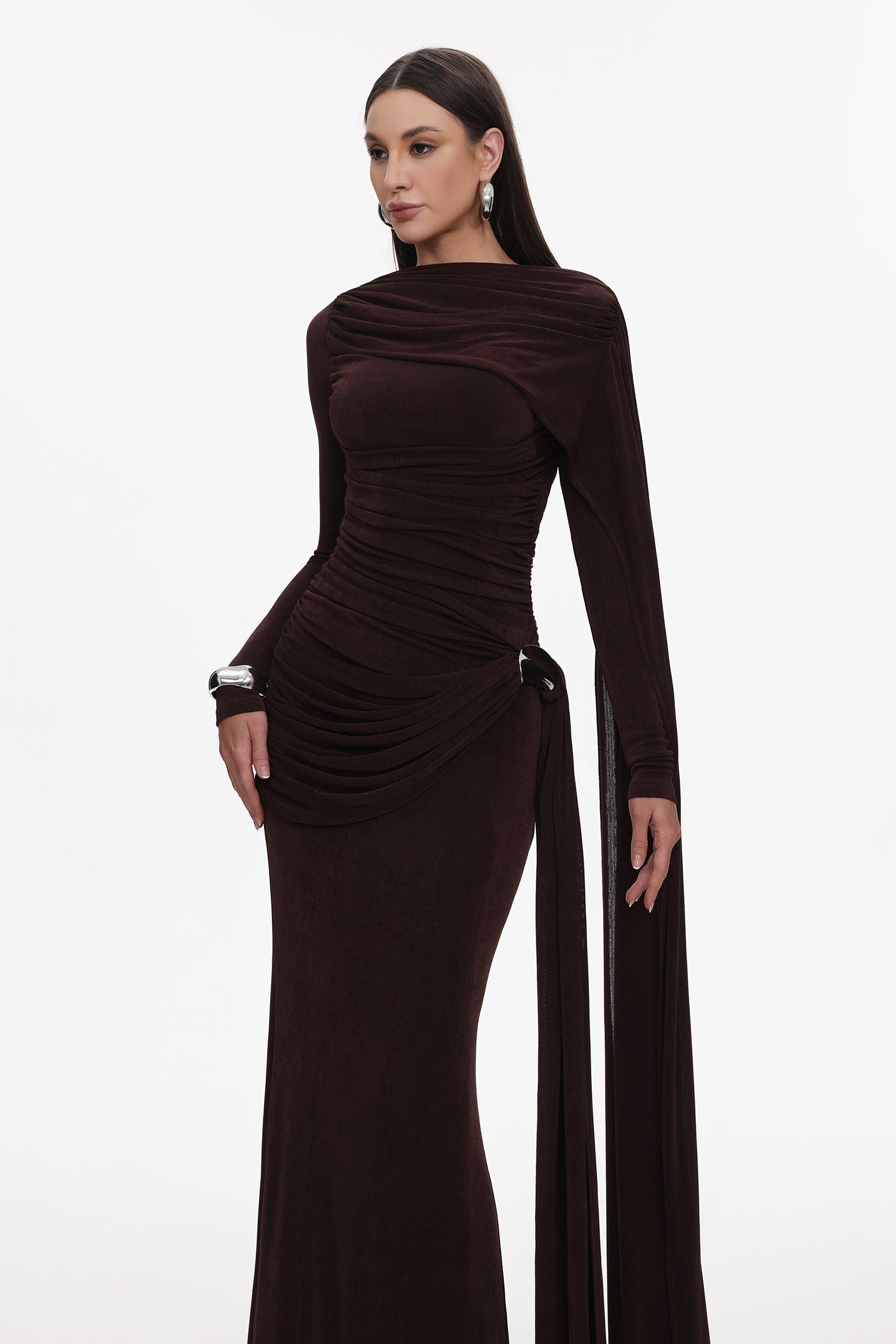 Tihila Long Sleeve Ruched Brown Maxi Dress D250901545