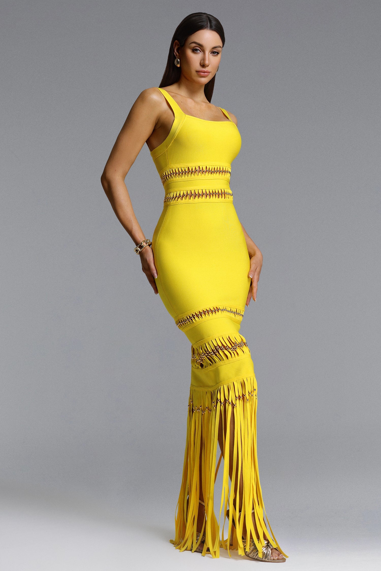 Shanley Chic Contour Sleeveless Beaded Fringe Bandage Maxi Dress D260301217