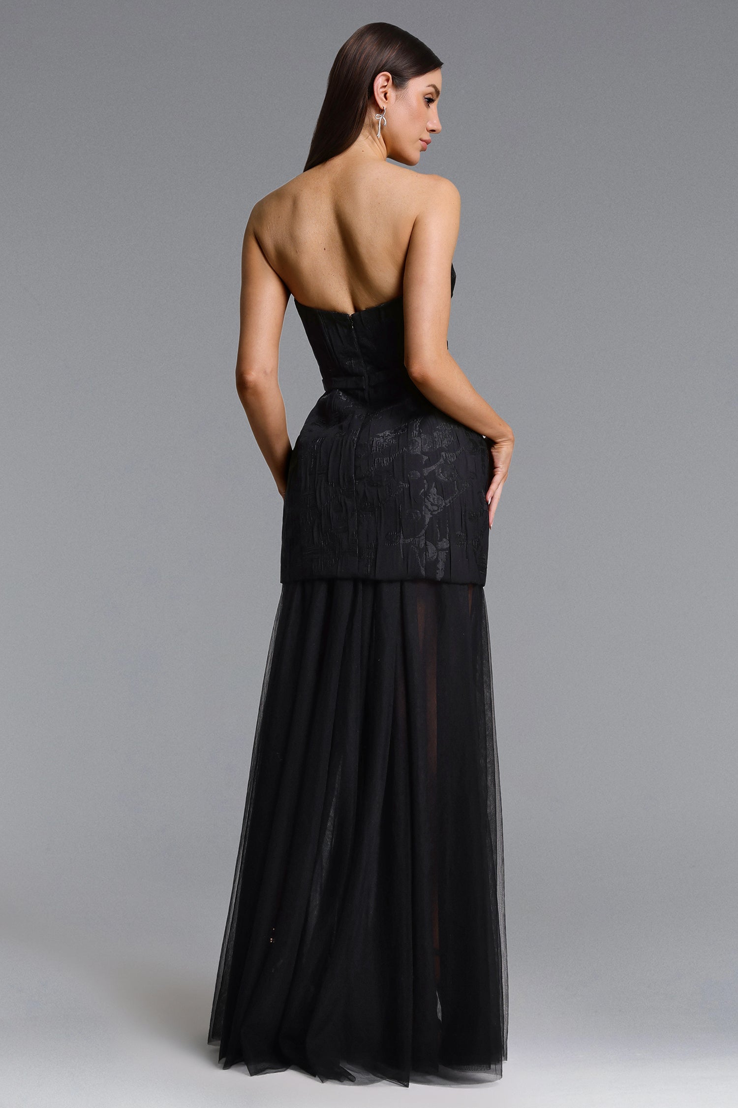 Margo Chic Contour Strapless Jacquard Floral Tulle Maxi Dress D260204201
