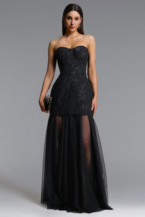 Margo Chic Contour Strapless Jacquard Floral Tulle Maxi Dress by Bella Barnett