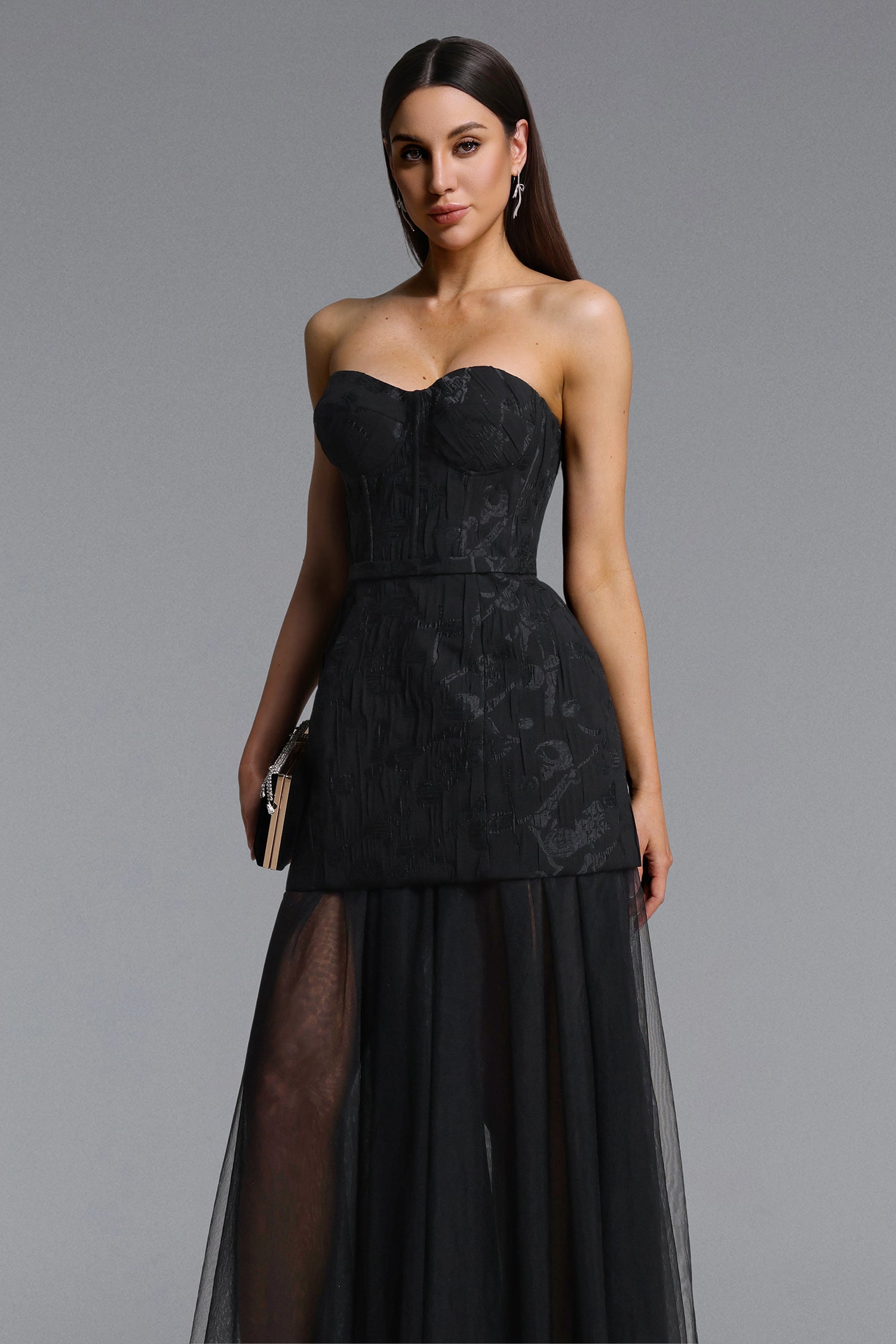 Margo Chic Contour Strapless Jacquard Floral Tulle Maxi Dress D260204201