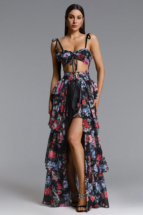 Pale Chic Flowy Halter Cut Out Floral Print Ruffle Maxi Dress by Bella Barnett