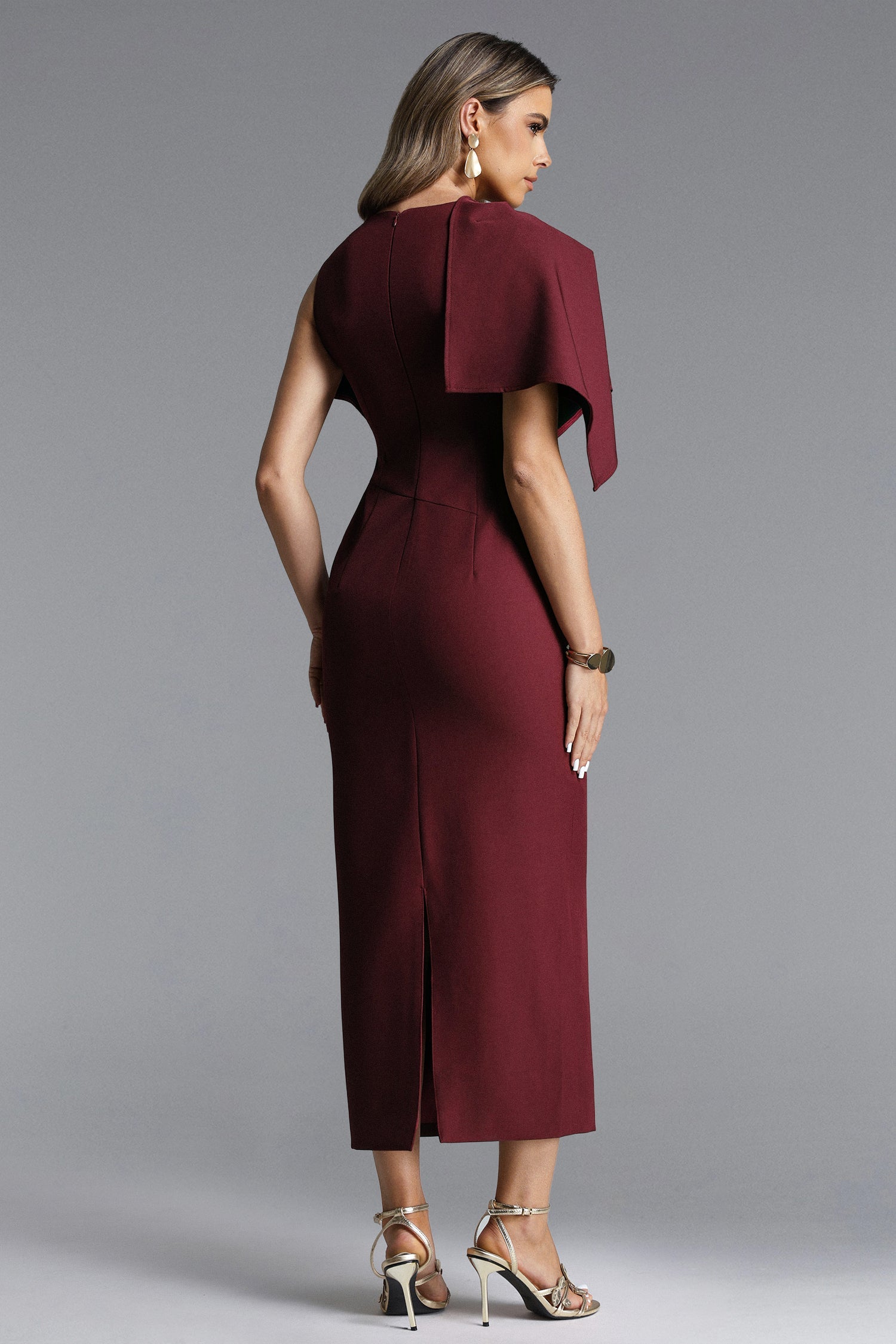 Ferean Elegant Tailored Short Sleeve Asymmetric Drape Maxi Dress D260301403