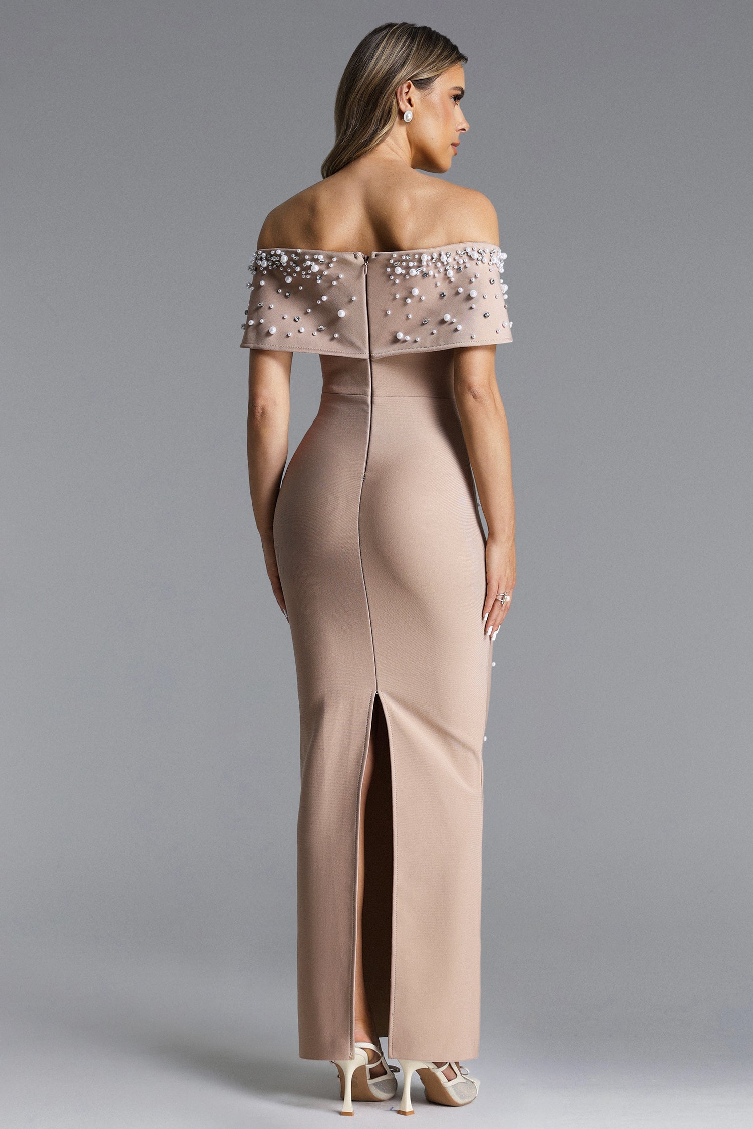 Isme Elegant Contour Off Shoulder Pearl Rhinestone Bandage Maxi Dress D260301428