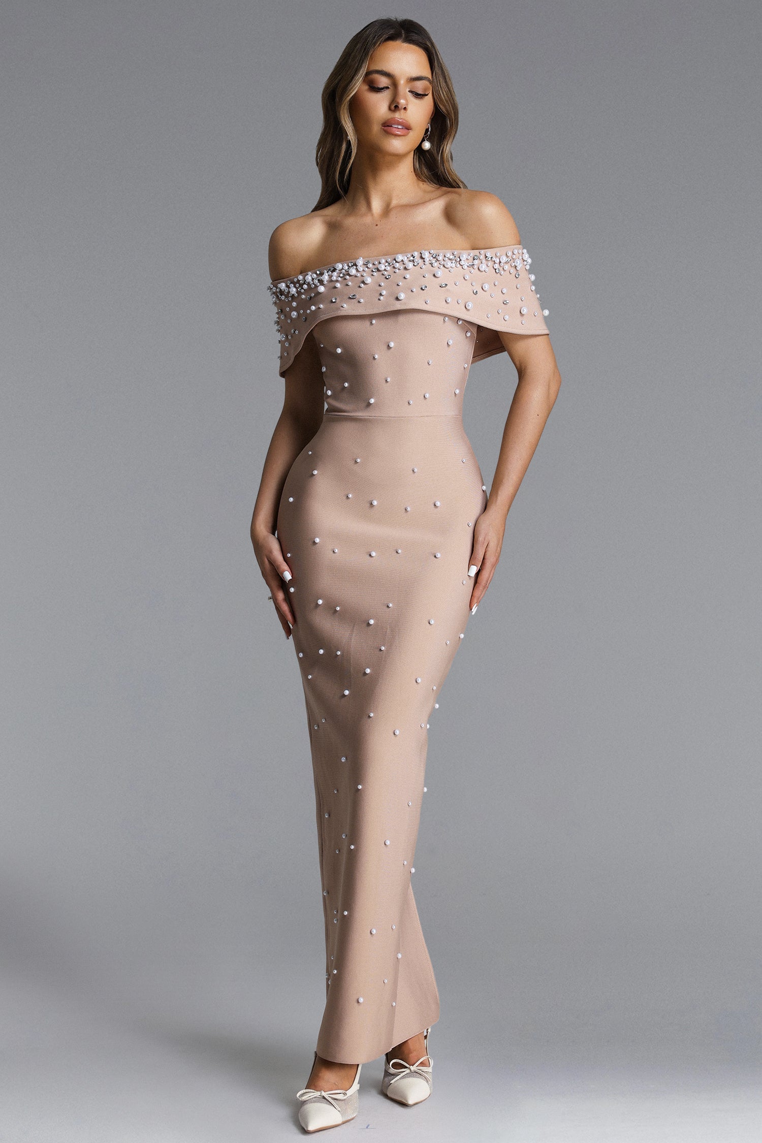 Isme Elegant Contour Off Shoulder Pearl Rhinestone Bandage Maxi Dress D260301428