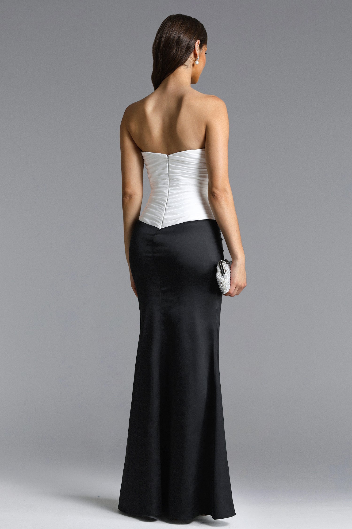 Diona Elegant Contour Strapless Pleated Contrast Satin Maxi Dress D260104202