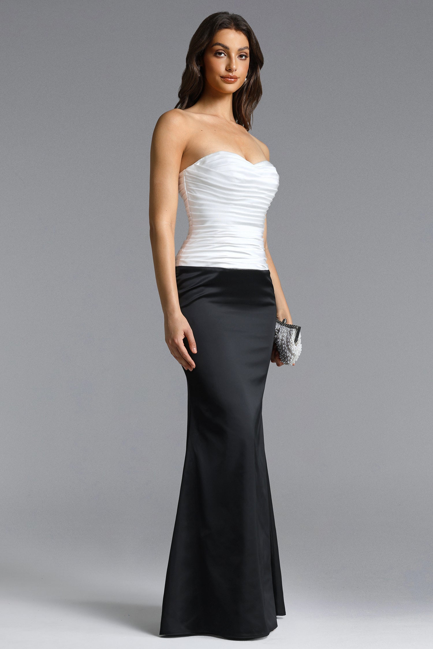 Diona Elegant Contour Strapless Pleated Contrast Satin Maxi Dress D260104202