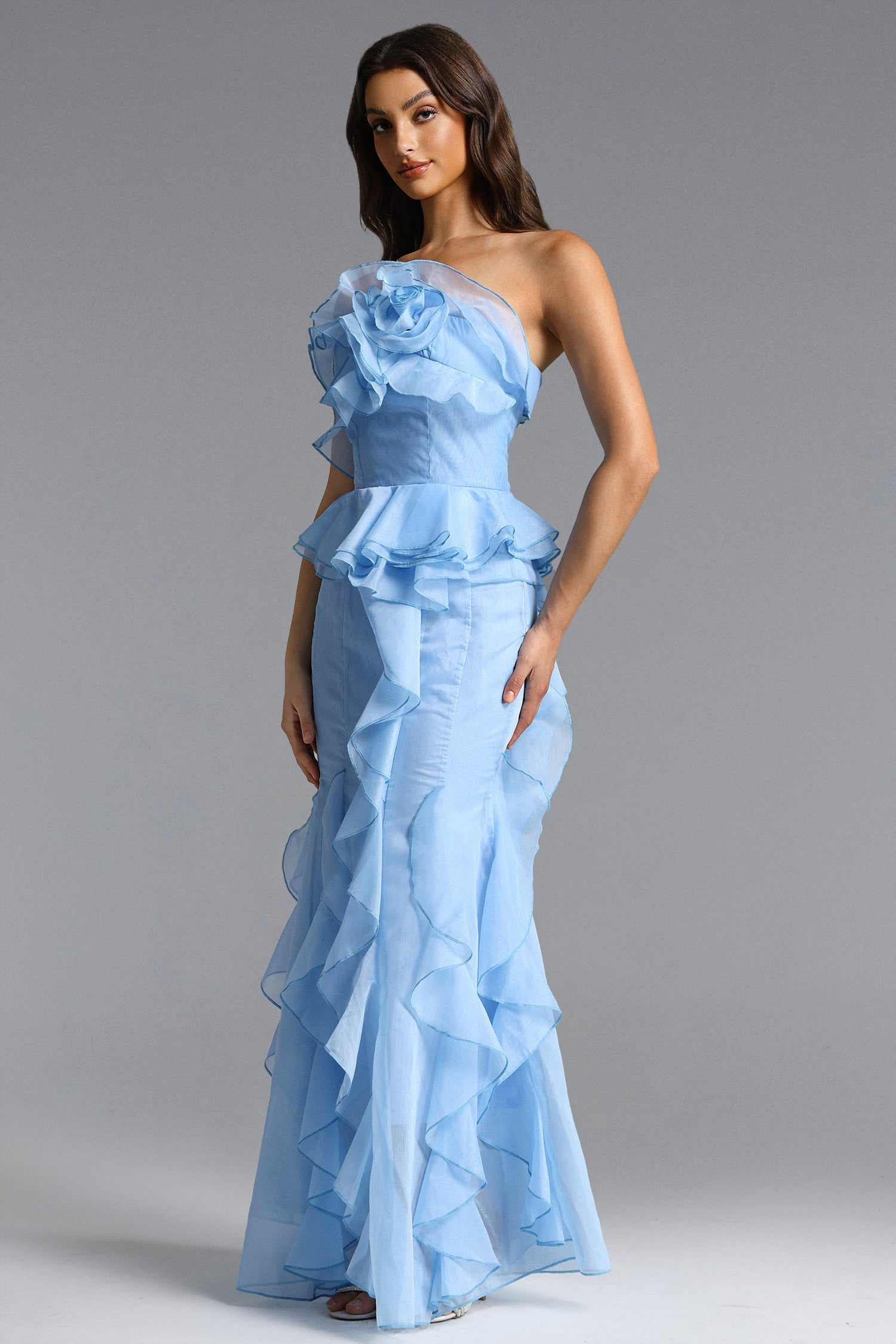 Deirdre Romantic Flowy Strapless Asymmetric Ruffle Floral Maxi Dress D260304308