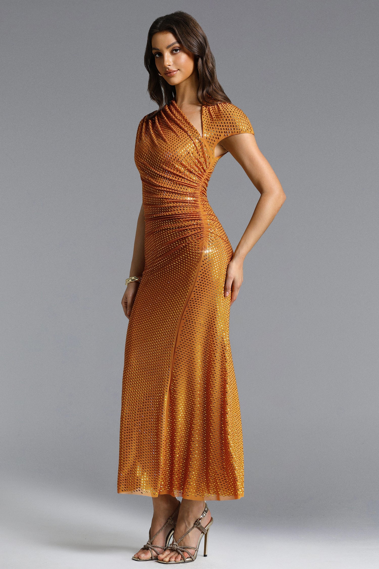 Pora Chic Contour Asymmetric Ruched Crystal Knit Maxi Dress D260301508
