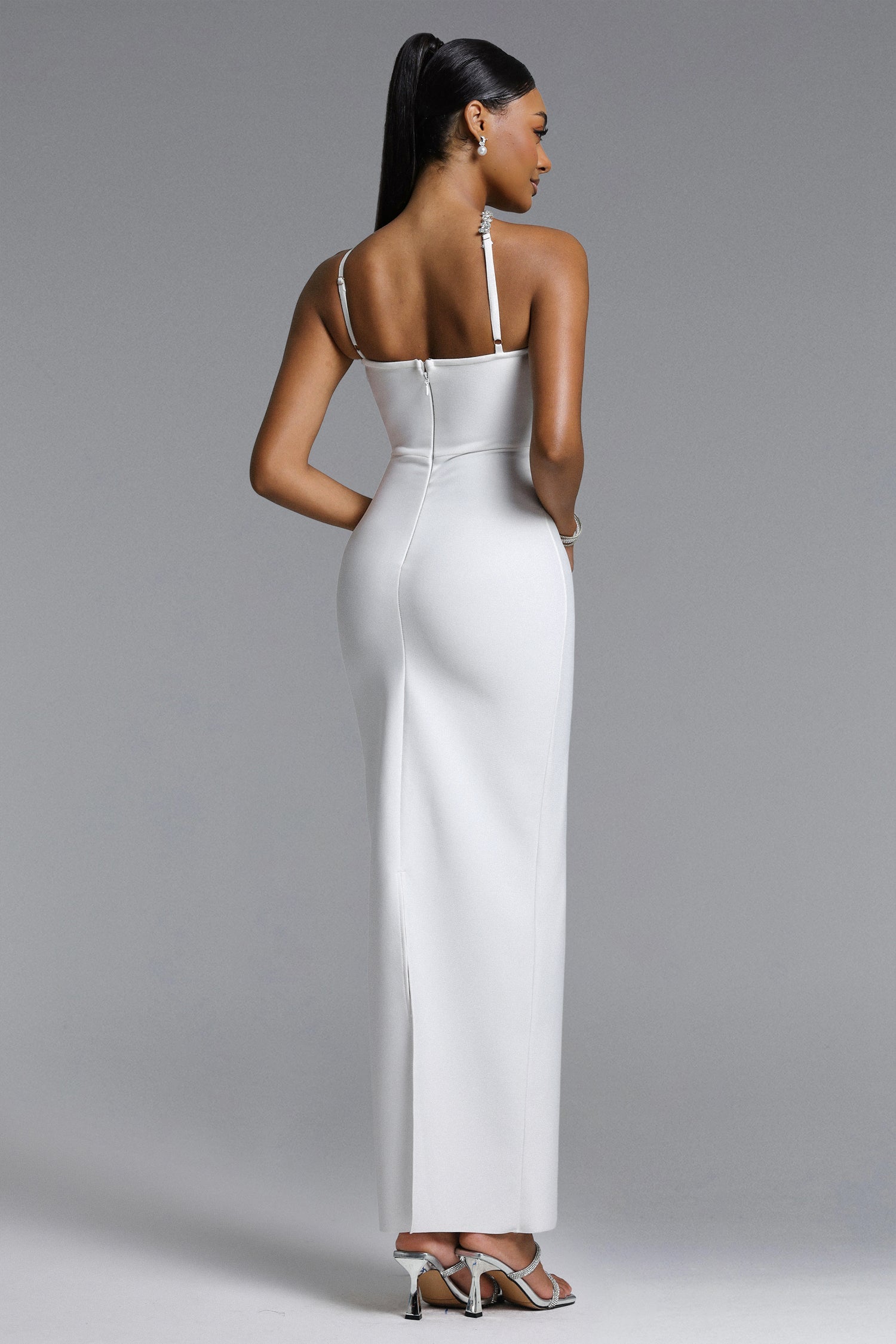 Veronic Glamorous Contour Halter Cut Out Rhinestone Floral Bandage Maxi Dress D260301619