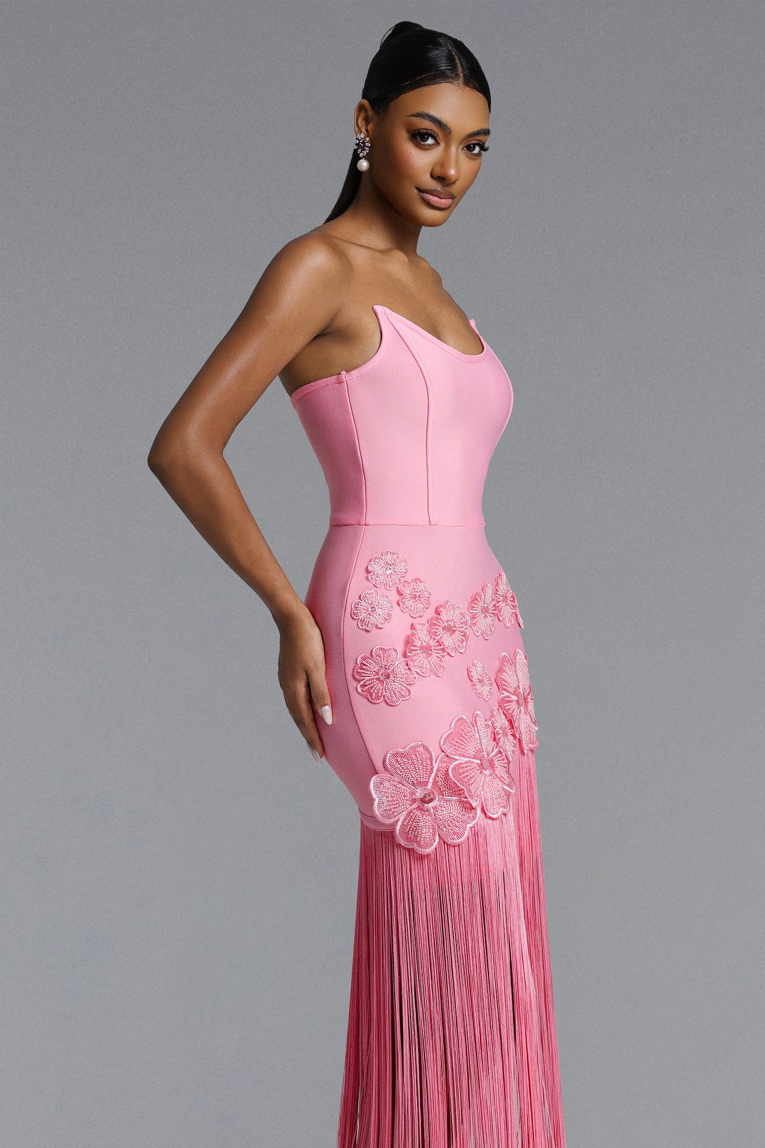 Ezgi Chic Contour Strapless Floral Fringe Bandage Maxi Dress D260401104