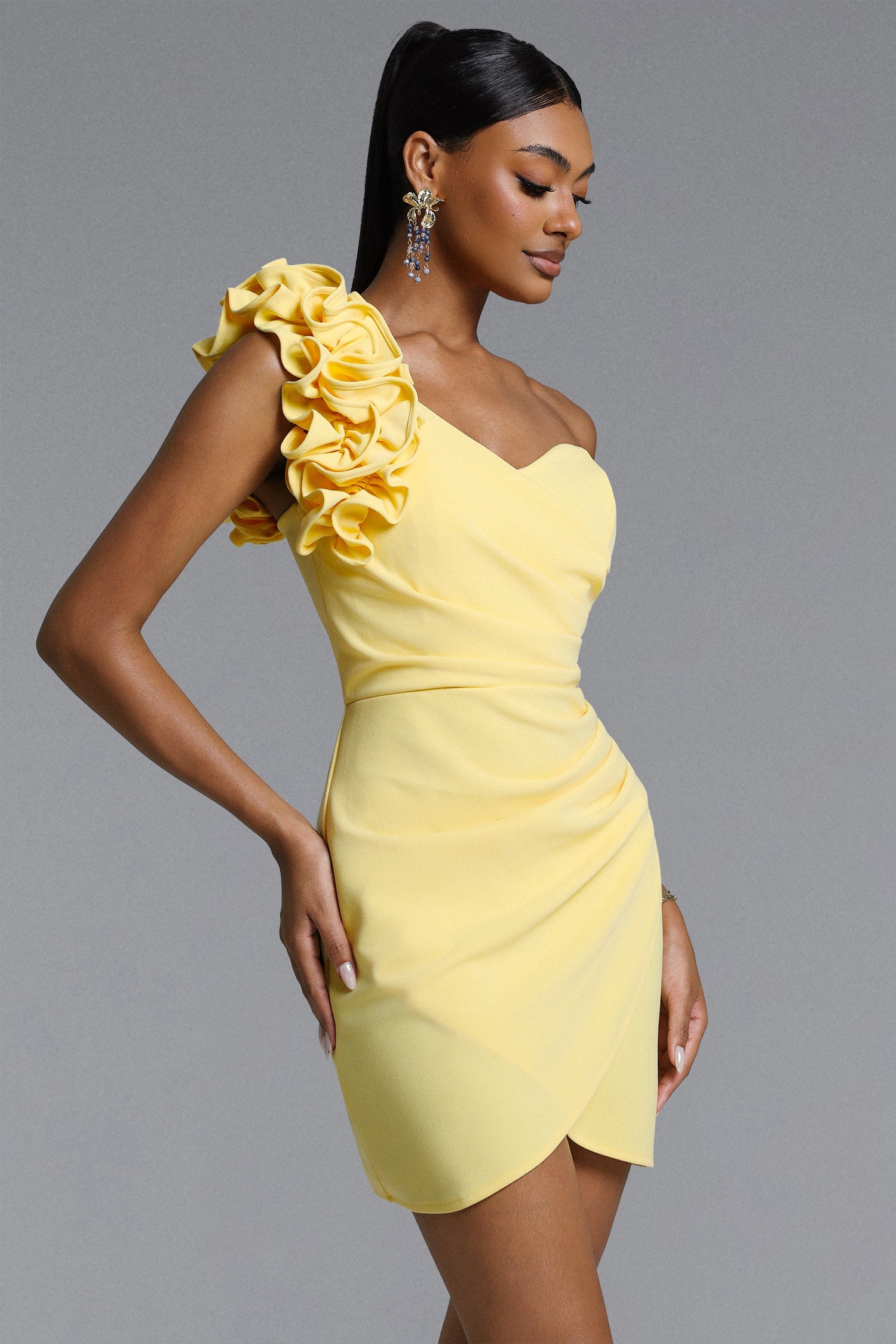 Roanna Elegant Contour One Shoulder Ruched Ruffle Mini Dress D260301642