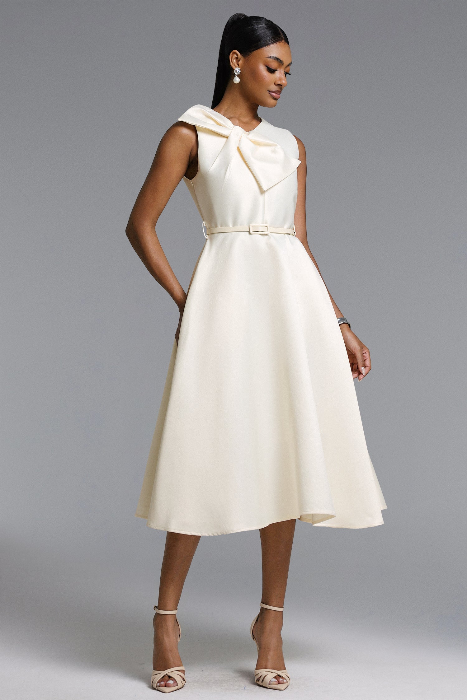Fallon Elegant Tailored Sleeveless Bow Detailed Woven Midi Dress D260401112
