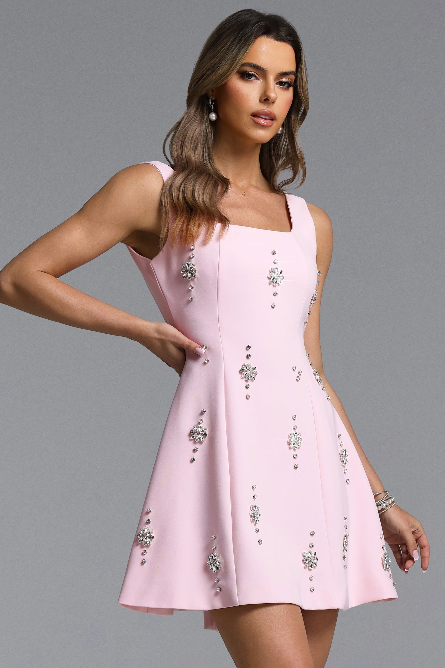 Falisa Classic Tailored Square Neck Rhinestone Woven Mini Dress D260401260