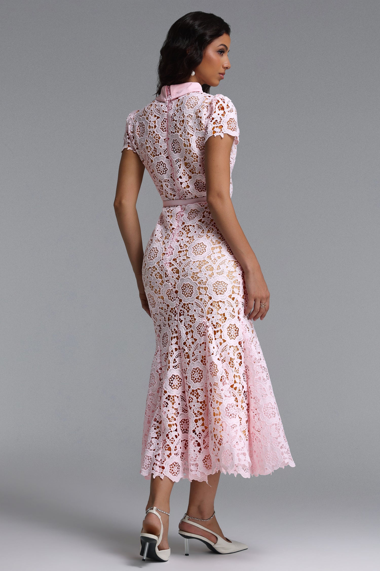 Felix Elegant Cinched Short Sleeve Floral Lace Maxi Dress C260400029