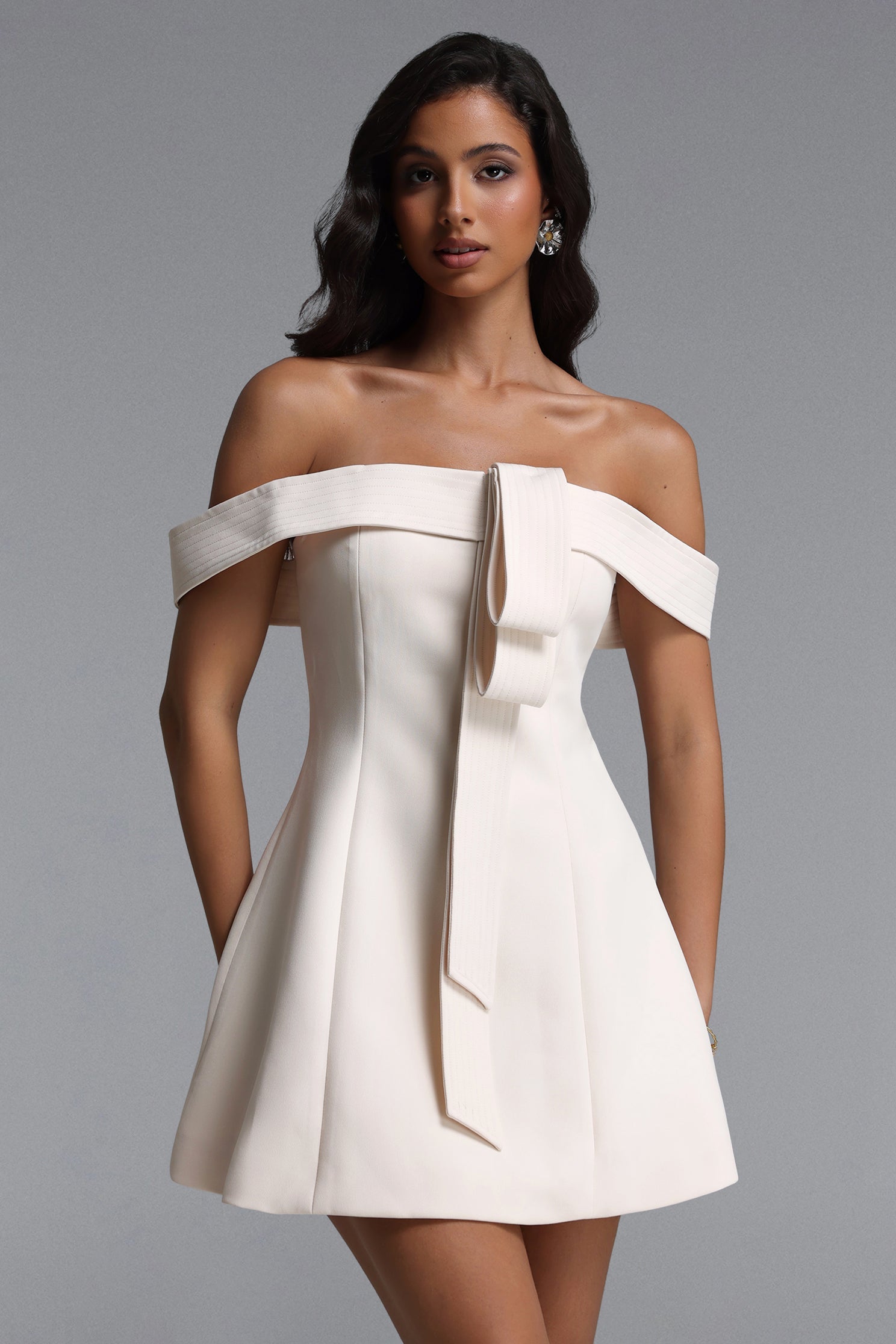 Morgan Chic Tailored Off Shoulder Woven Mini Dress C260400111