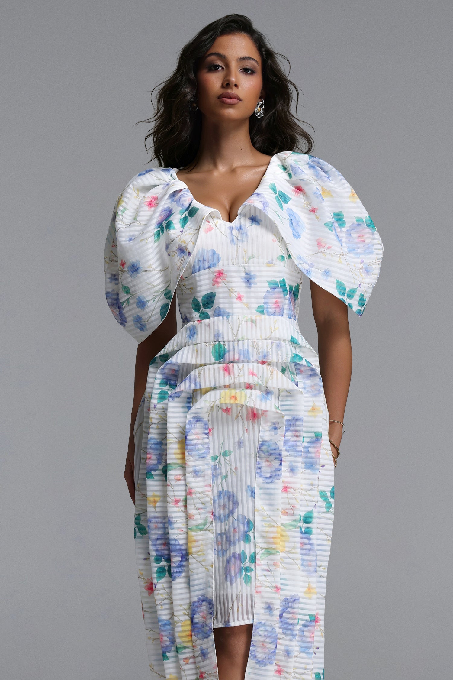 Wezal Chic Tailored Floral Print Stripe Woven Midi Dress C260400041