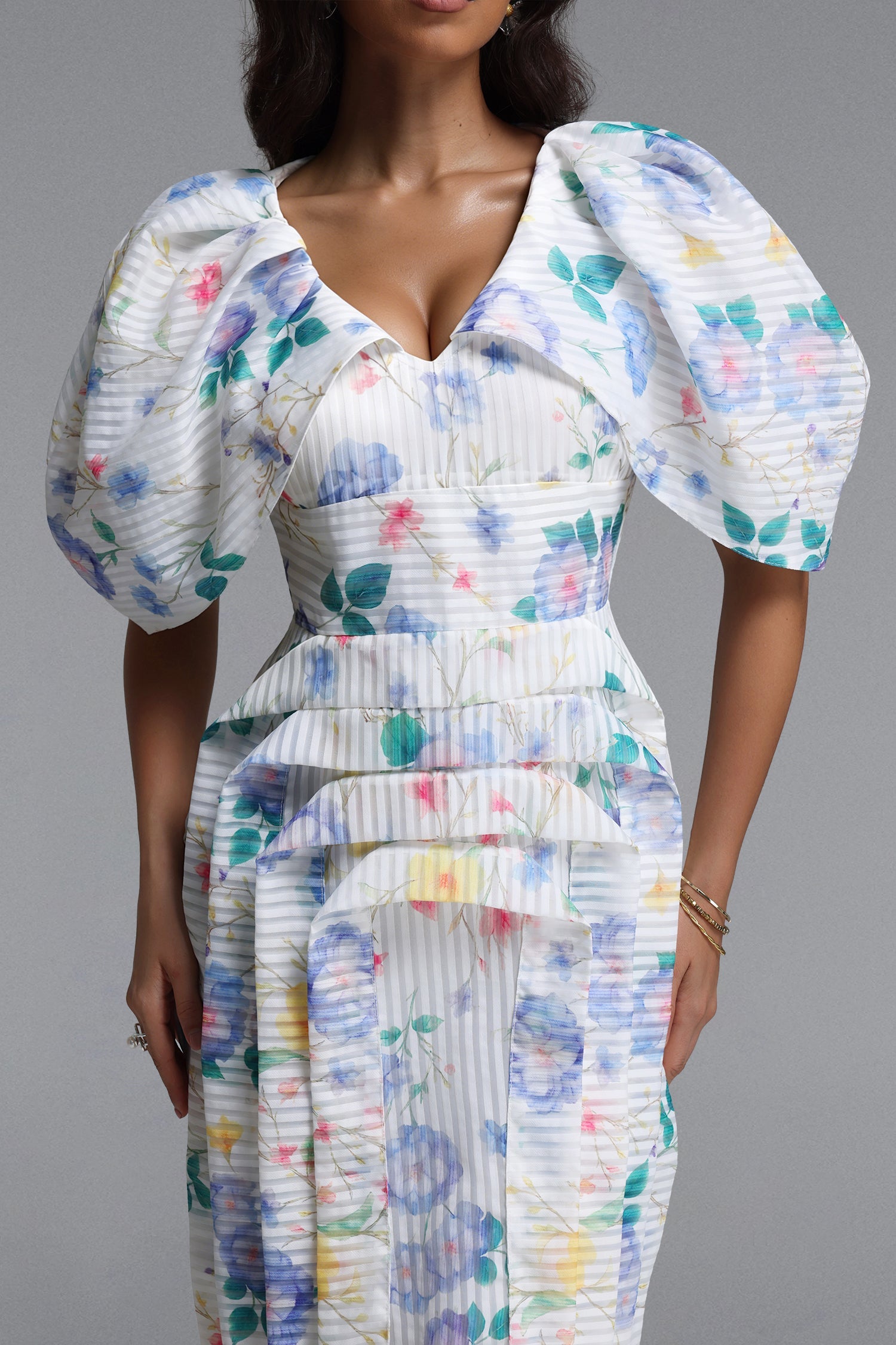 Wezal Chic Tailored Floral Print Stripe Woven Midi Dress C260400041