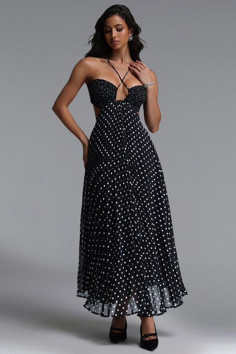 Loka Resort Flowy Sleeveless Cut Out Pleated Polka Dot Woven Maxi Dress by Bella Barnett