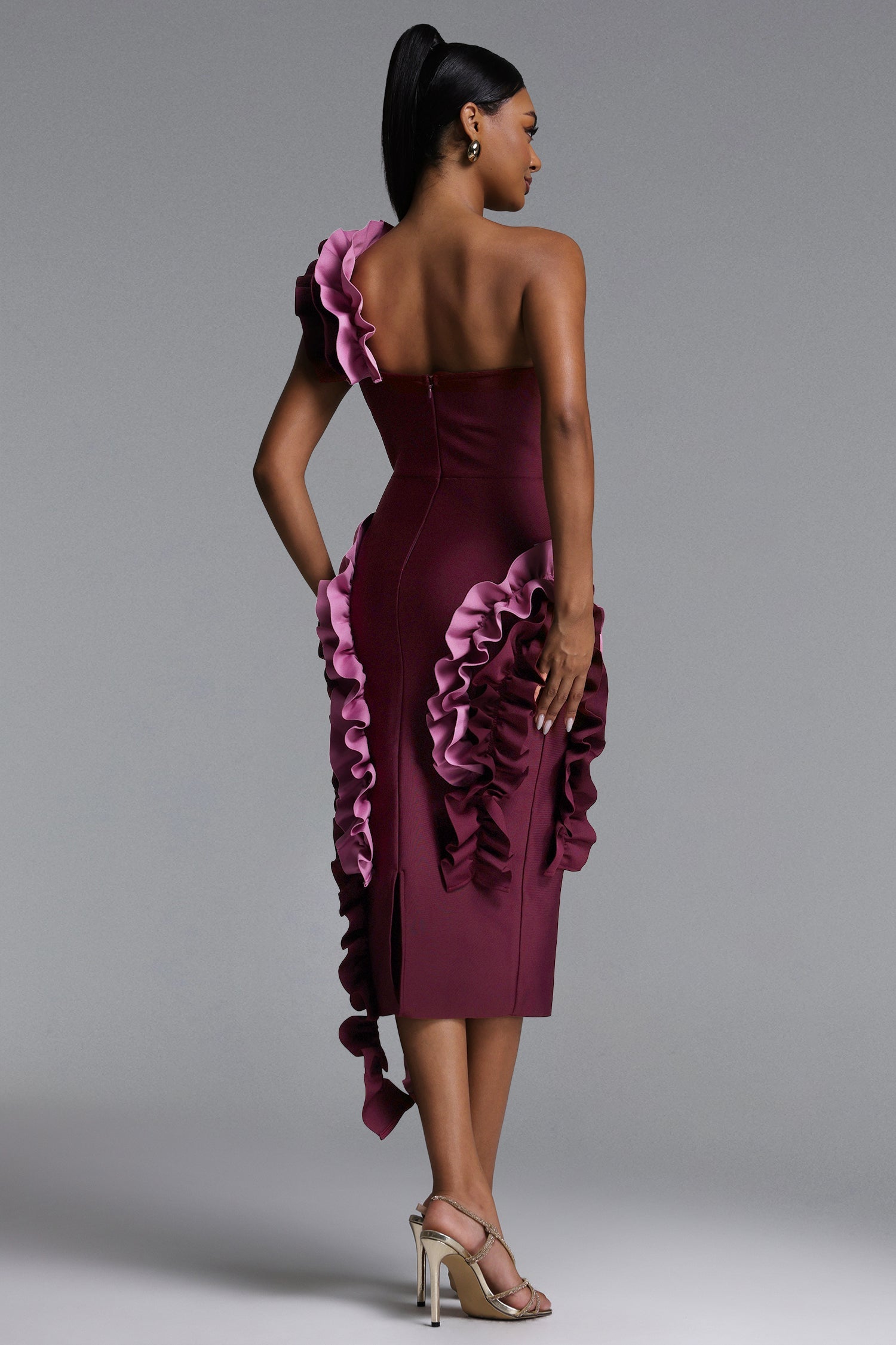 Gaia Chic Contour Strapless Ruffle Bandage Maxi Dress D260401448