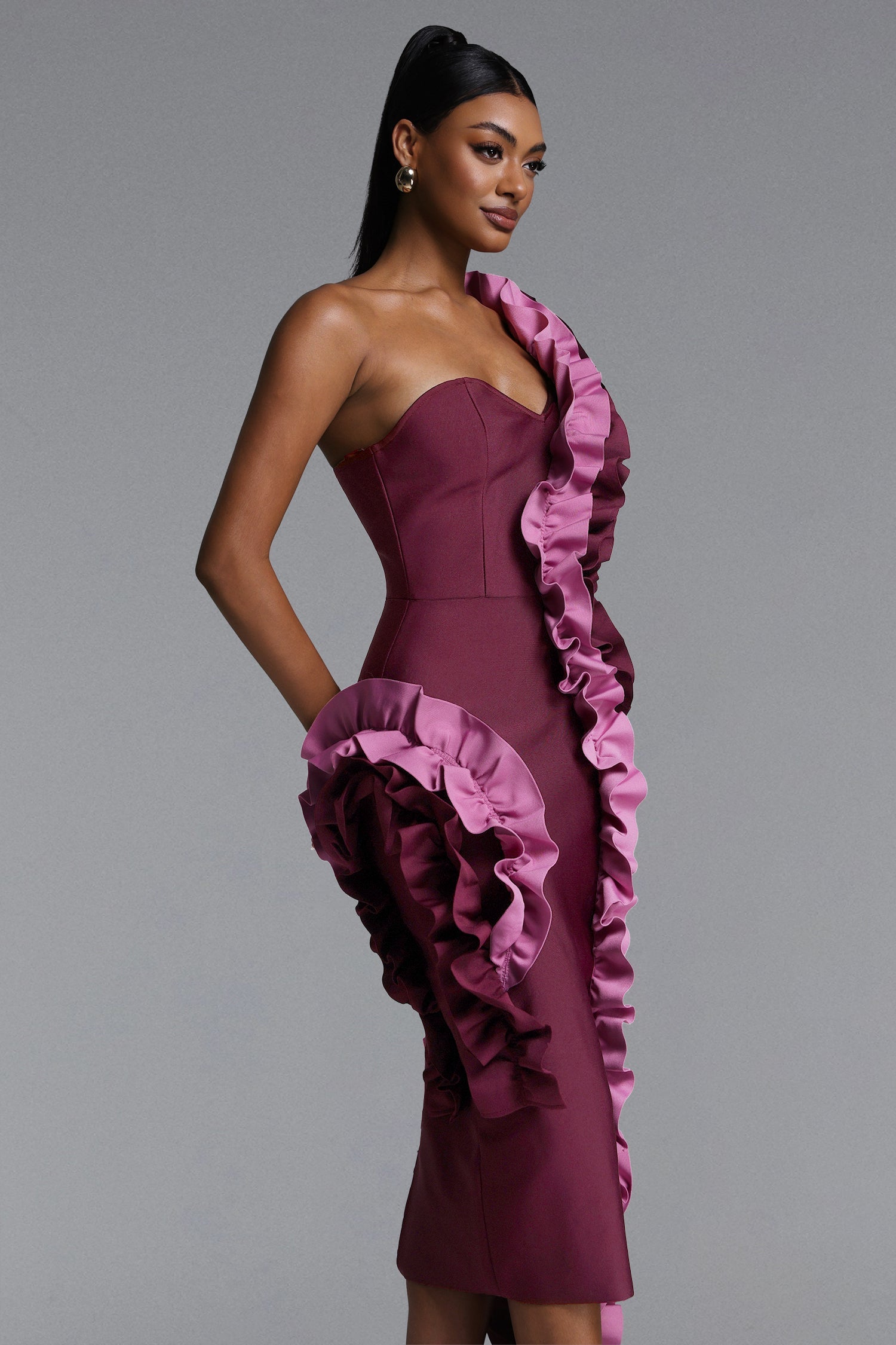 Gaia Chic Contour Strapless Ruffle Bandage Maxi Dress D260401448