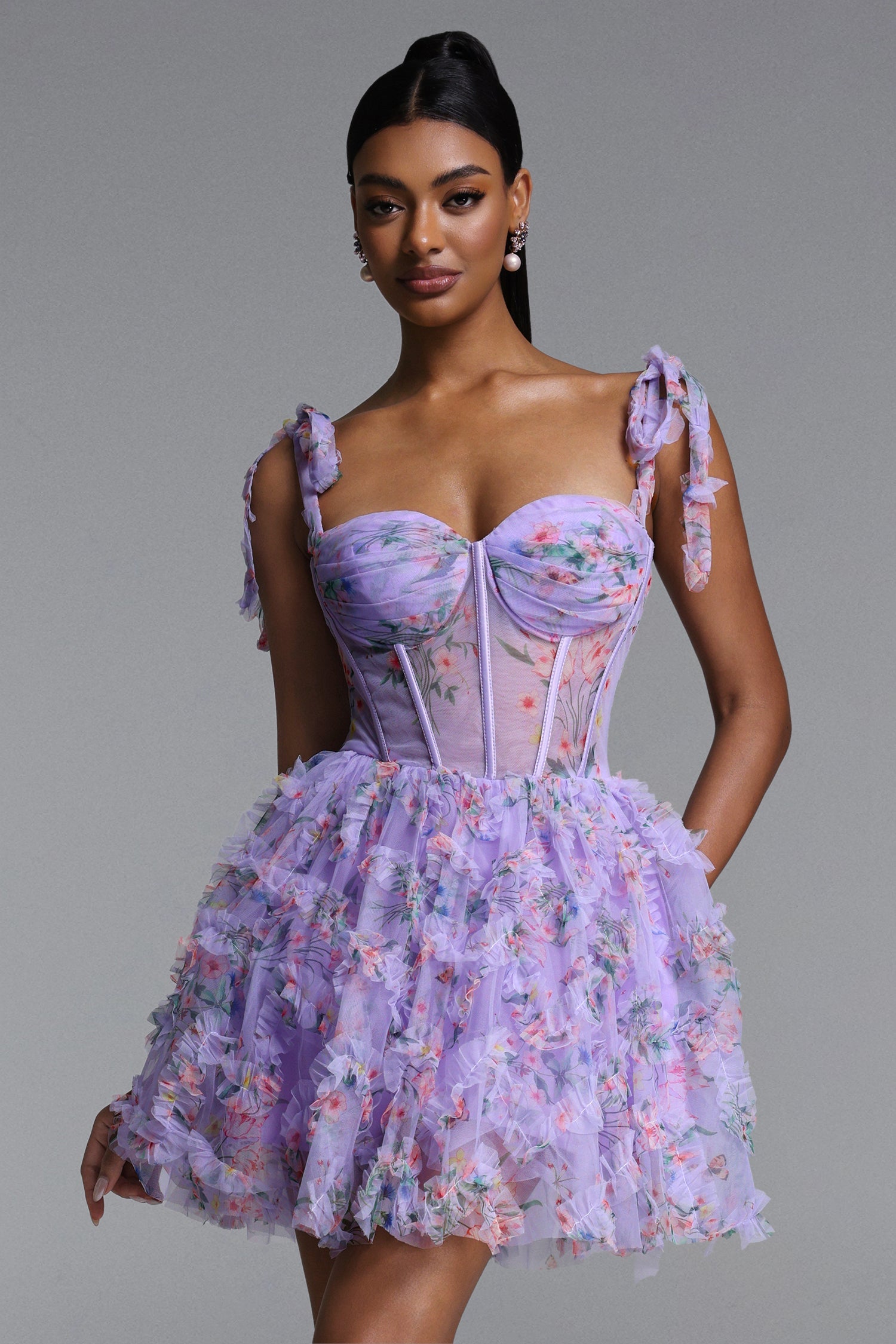 Mitra Romantic Tailored Floral Print Corset Mini Dress D260401288