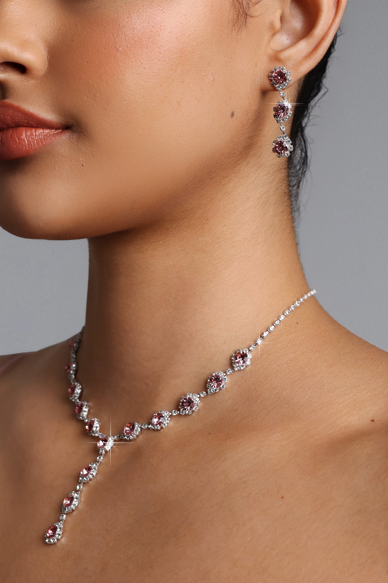 Uri Pink Y Shaped Halo Crystal Necklace Earrings Set A260400508
