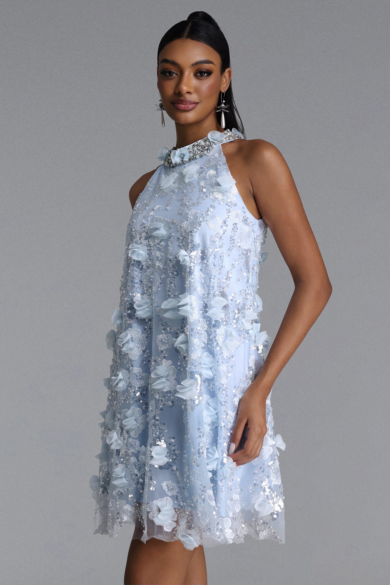 Juniper Elegant Tailored Halter Floral Sequin Midi Dress D260501149
