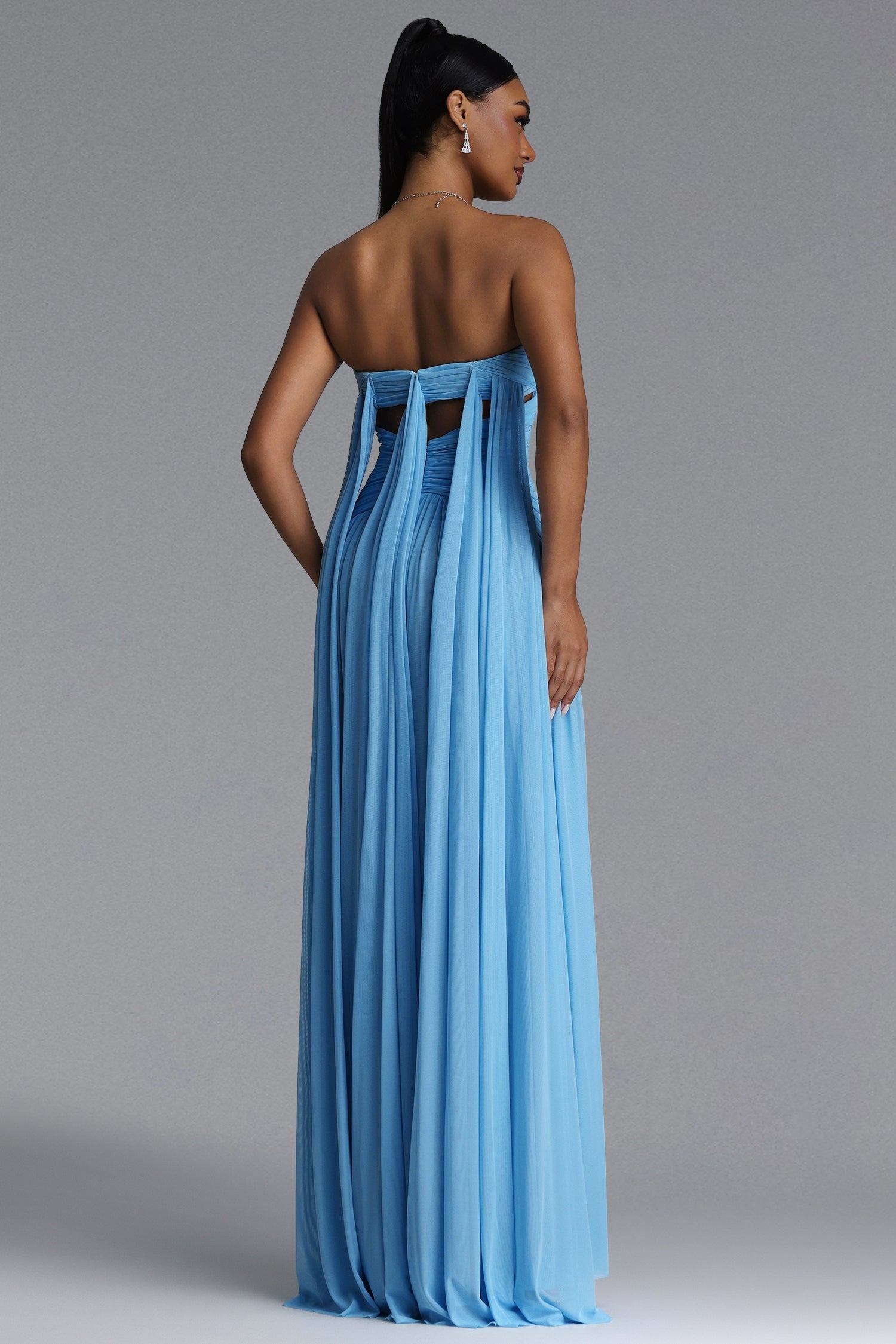 Prunella Elegant Contour Strapless Cut Out Ruched Mesh Maxi Dress D260404101