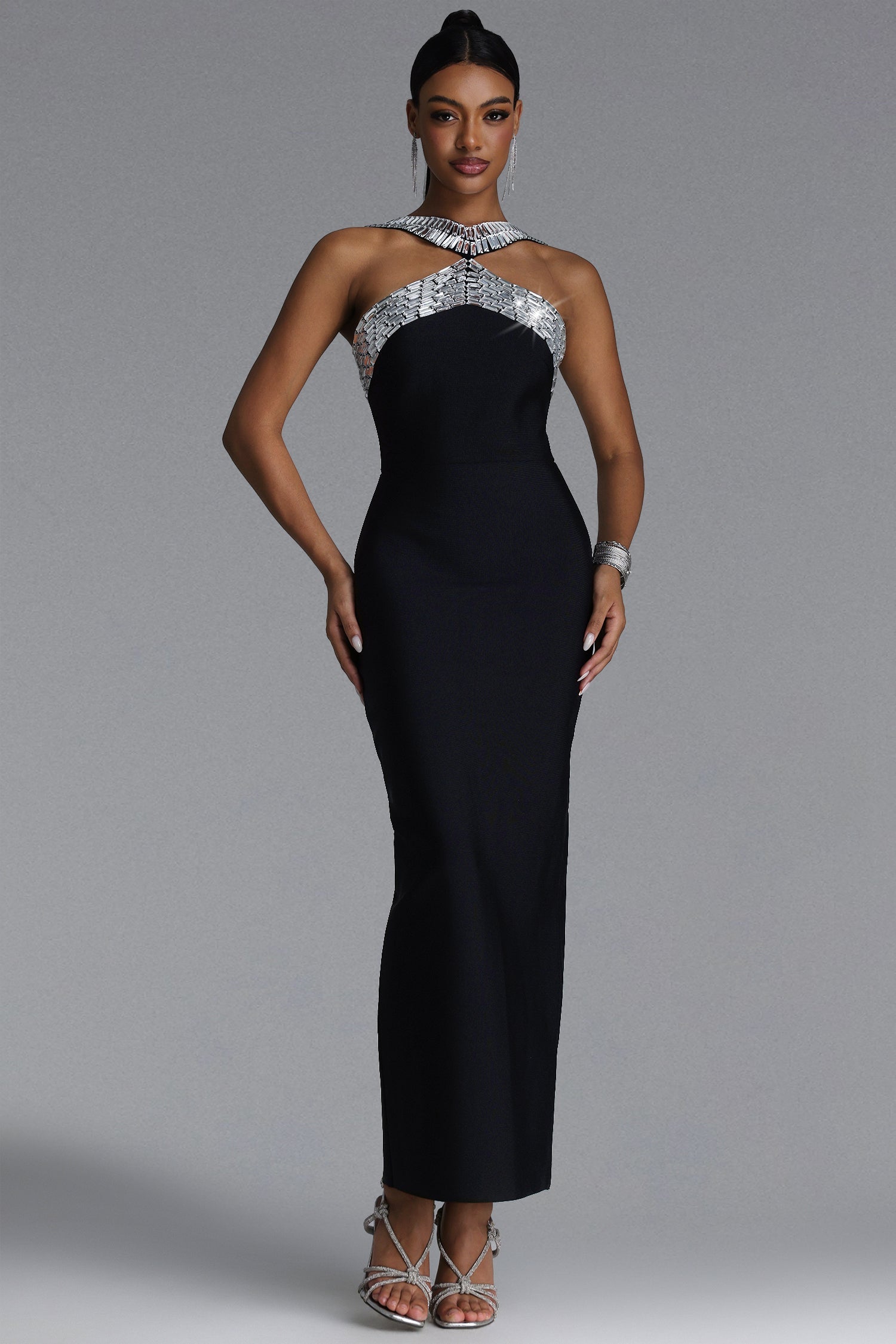 Riza Chic Contour Halter Rhinestone Bandage Maxi Dress D260501108