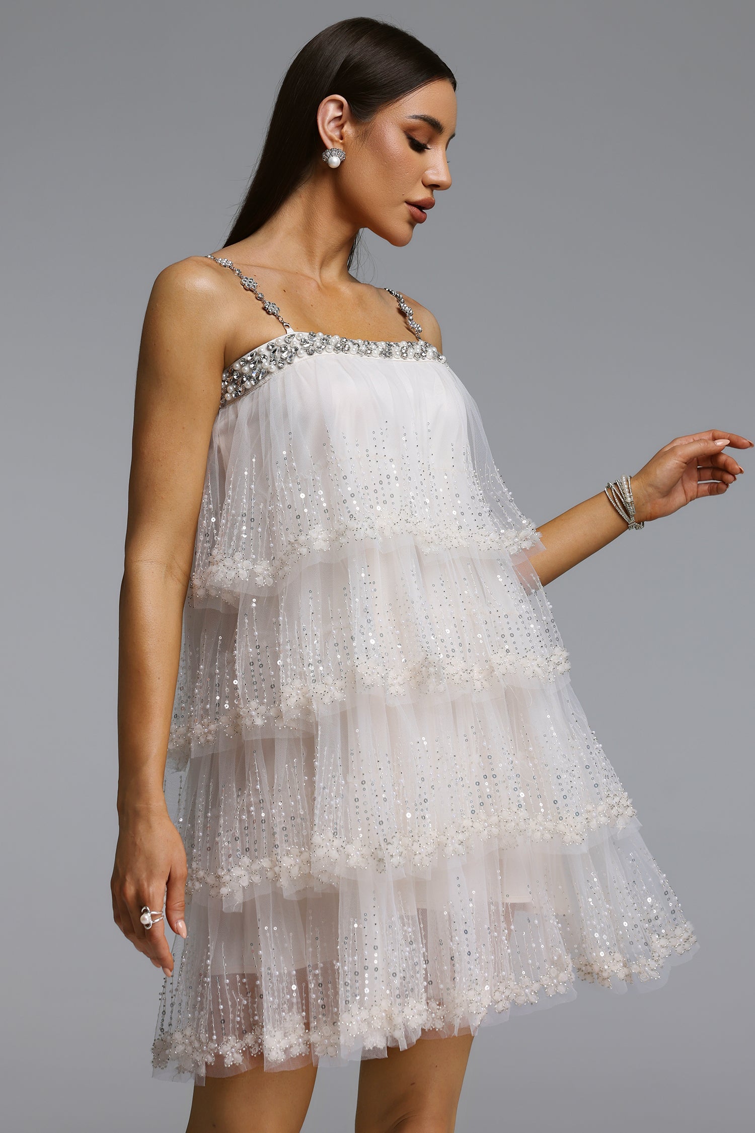Umeko Elegant Flowy Tiered Ruffle Sequin Mini Dress D260501429