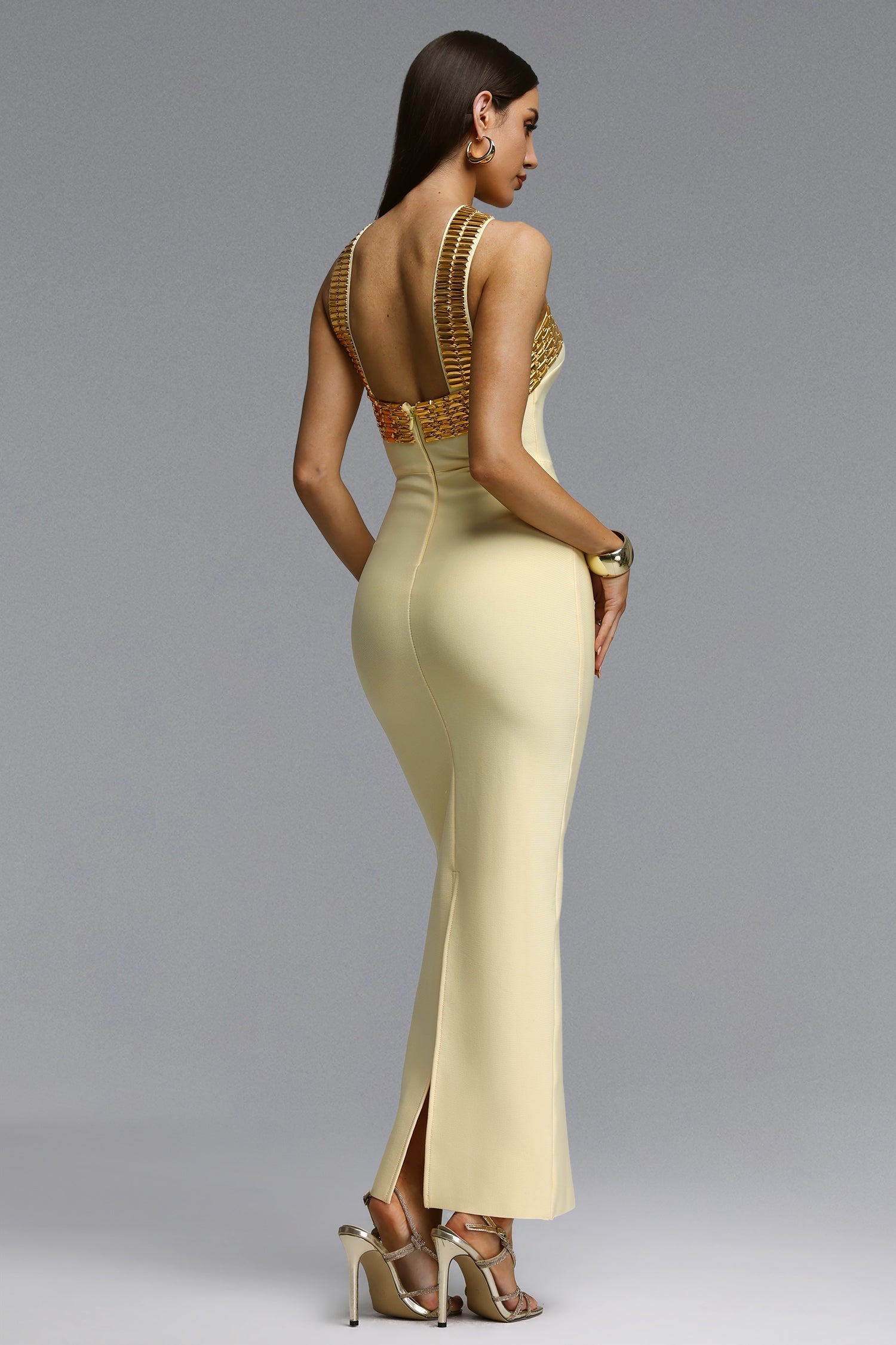Riza Chic Contour Halter Rhinestone Bandage Yellow Maxi Dress D260501108