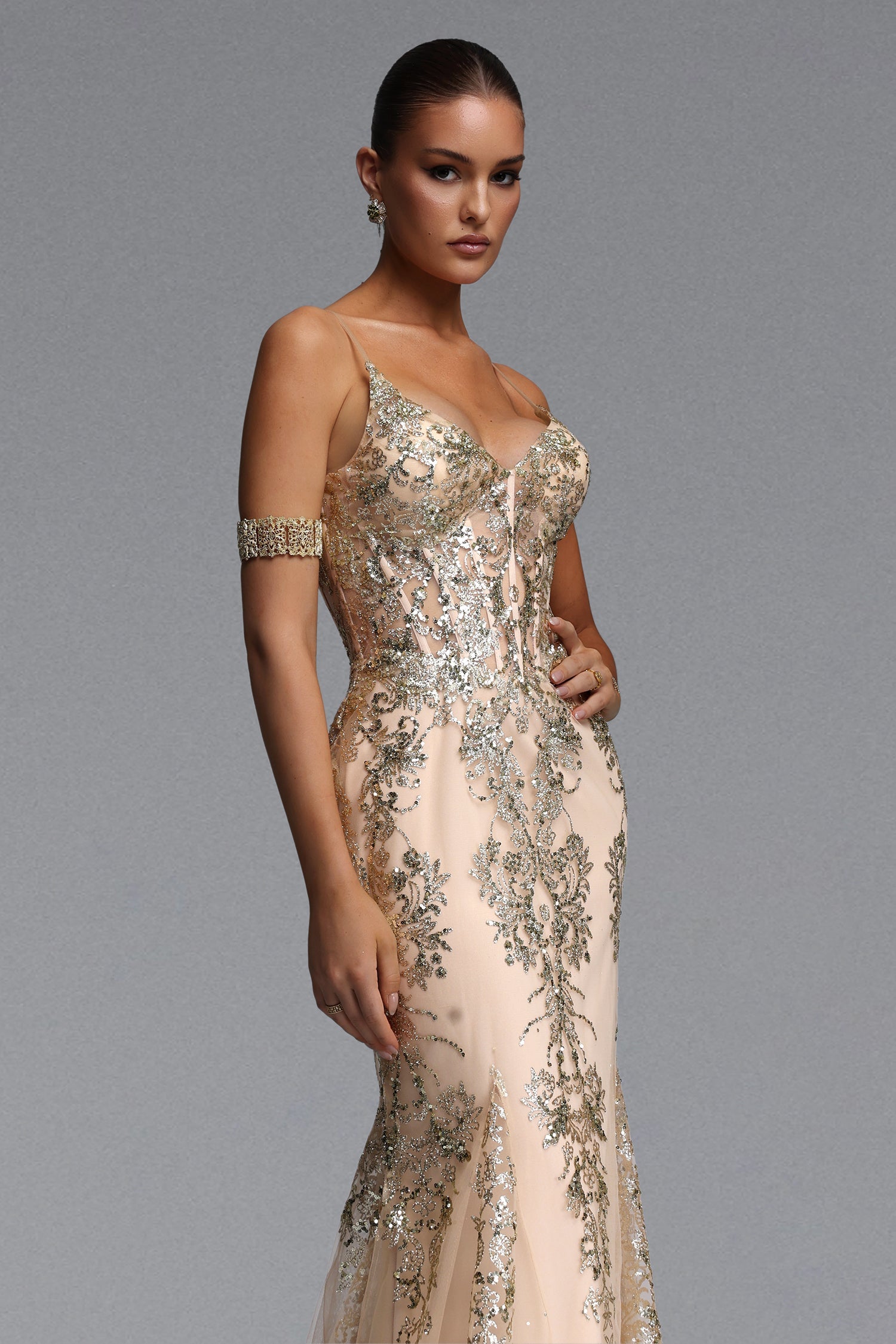 Miriam Elegant Contour V Neck Sequin Maxi Dress D260501533