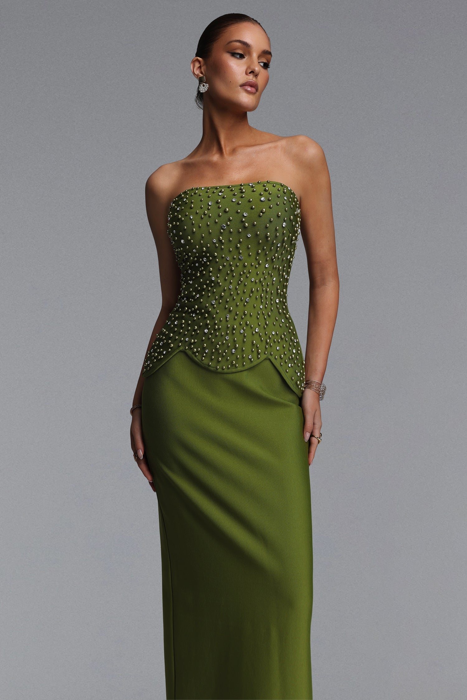 Yette Chic Contour Strapless Beaded Bandage Maxi Top And Skirt Set D260501502