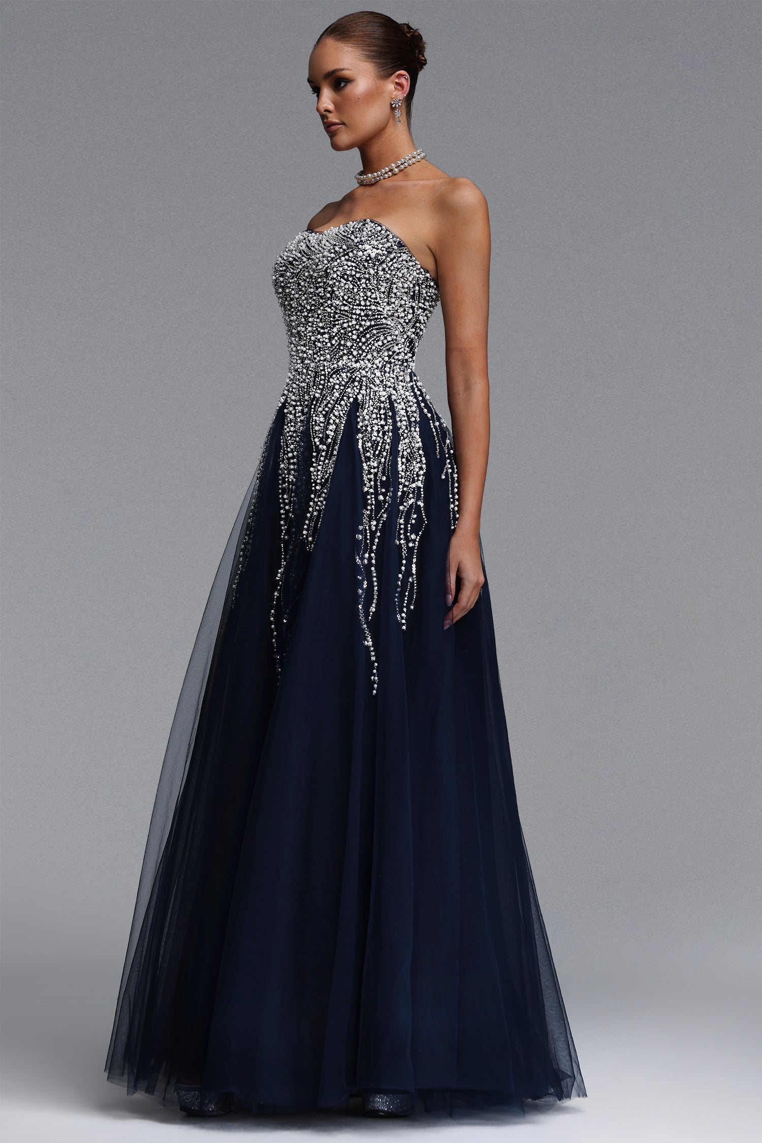Soloma Glamorous Flowy Strapless Embellished Tulle Maxi Dress D260501525