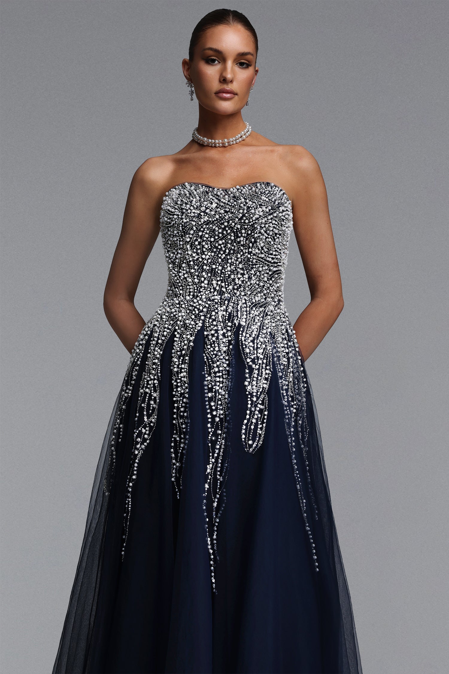 Soloma Glamorous Flowy Strapless Embellished Tulle Maxi Dress D260501525