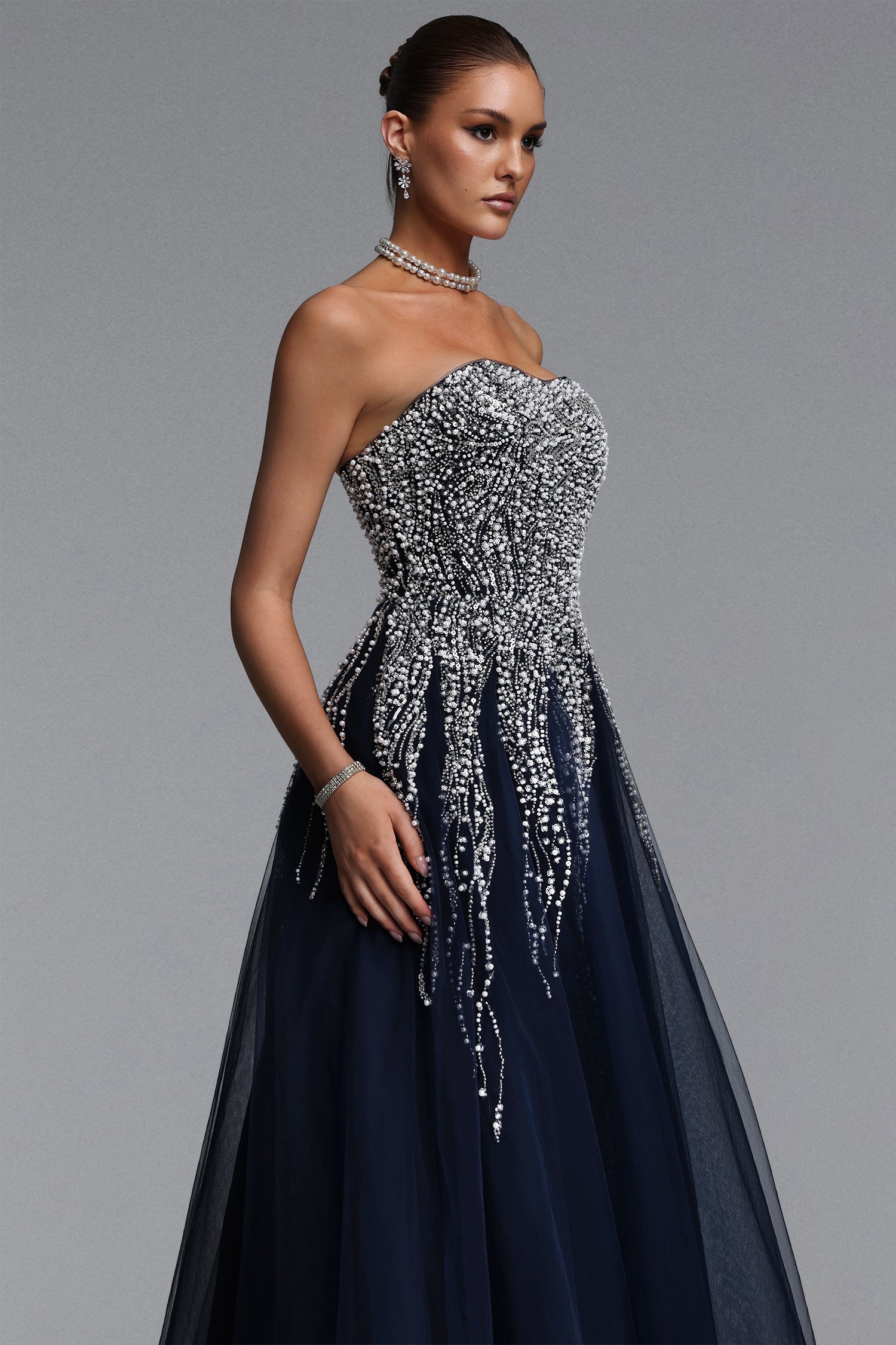 Soloma Glamorous Flowy Strapless Embellished Tulle Maxi Dress D260501525