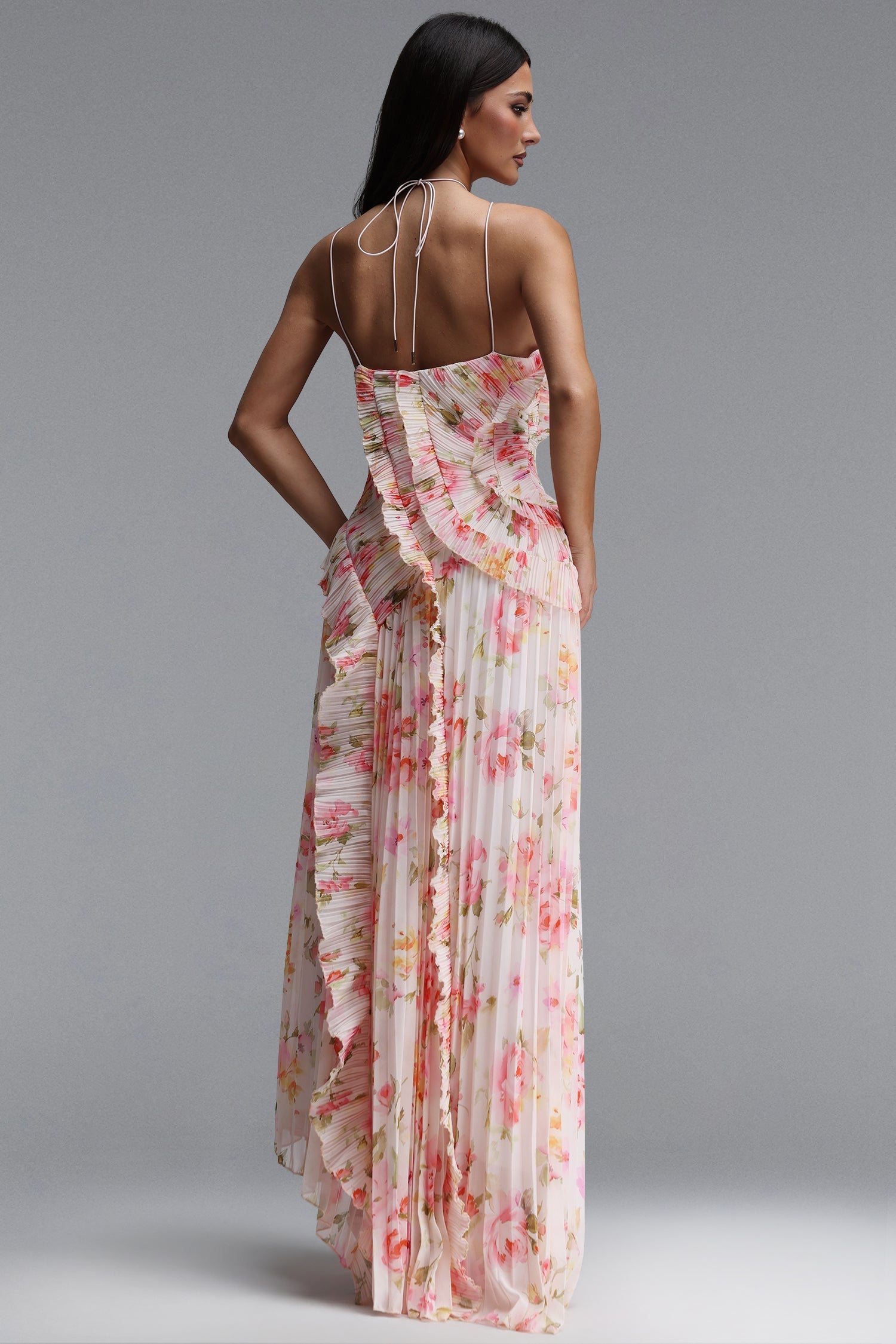 Elleri Resort Flowy Sleeveless Pleated Ruffle Floral Print Woven Maxi Dress C260500101