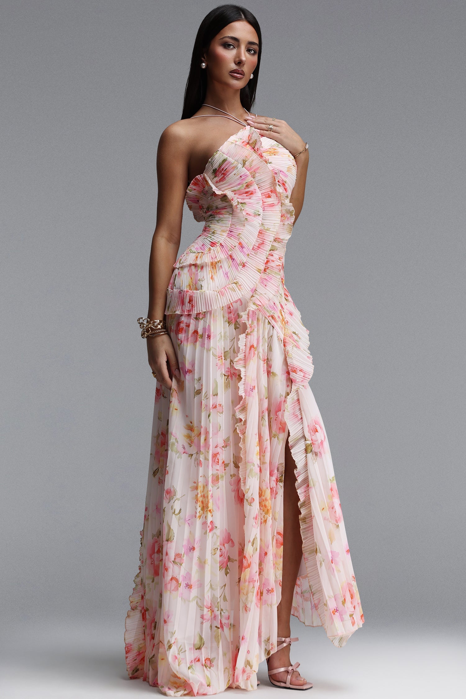 Elleri Resort Flowy Sleeveless Pleated Ruffle Floral Print Woven Maxi Dress C260500101