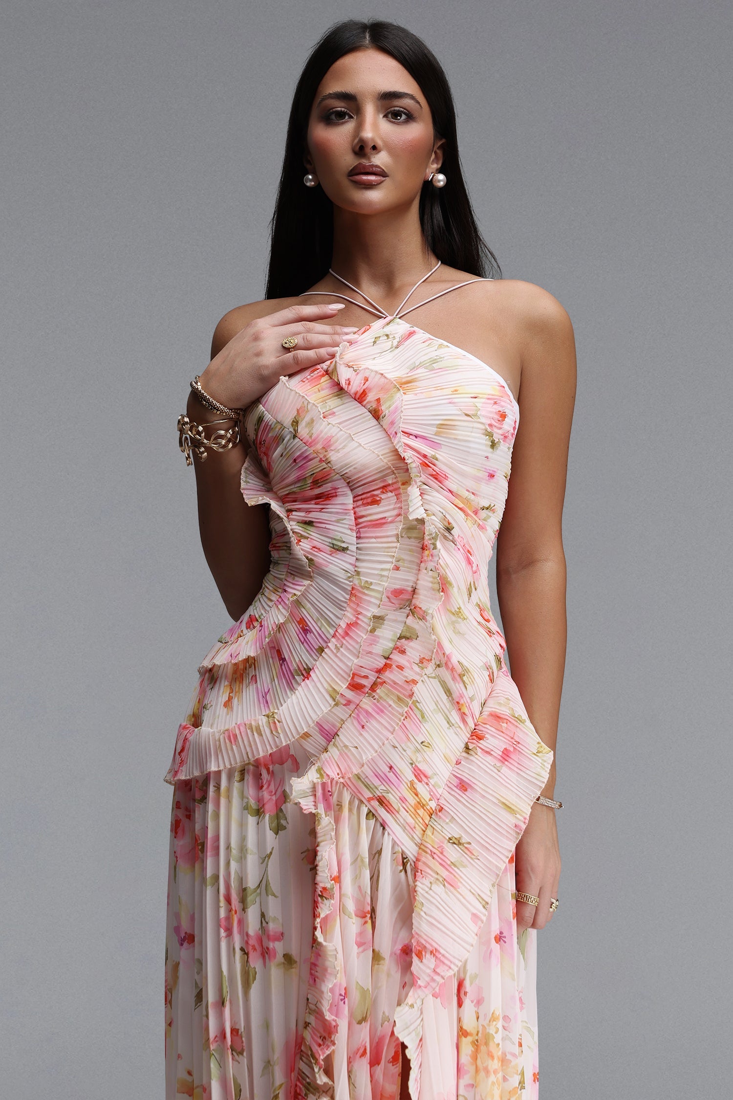 Elleri Resort Flowy Sleeveless Pleated Ruffle Floral Print Woven Maxi Dress C260500101