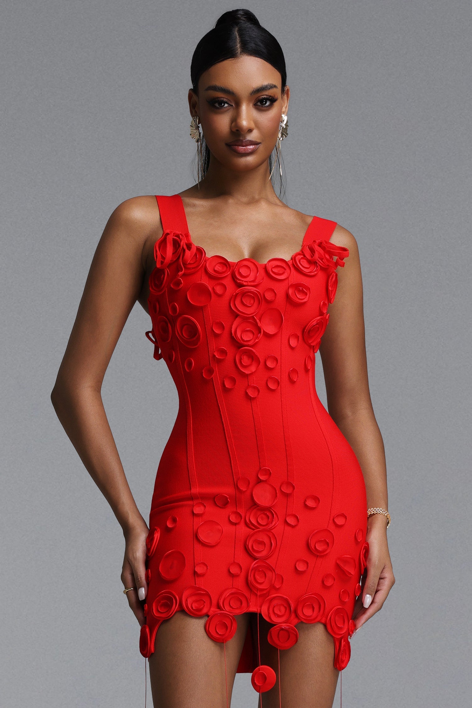 Jacova Chic Contour Wide Strap Floral Tassel Bodycon Bandage Mini Dress D260601103